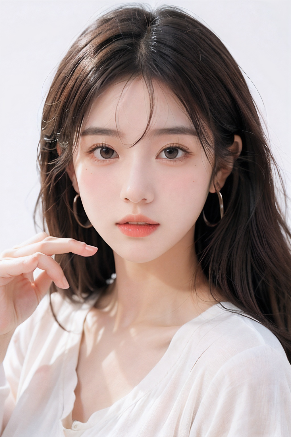 1girl, solo, earrings, jewelry, long hair, brown hair, realistic, looking at viewer, lips, upper body, closed mouth, simple background, portrait, brown eyes, shirt, white shirt, wavy hair, black eyes, blush, white background