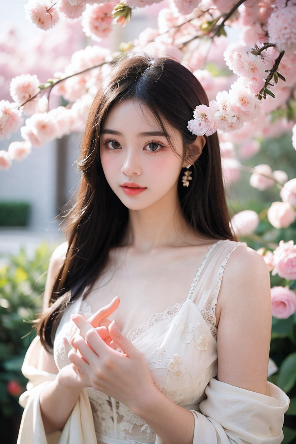  1girl,Floralmotifs,luminousskin,enchantinggaze,embellishedattire,naturallighting,shallowdepthoffield,romanticsetting,dreamypastelpalette,whimsicaldetails,capturedonfilm