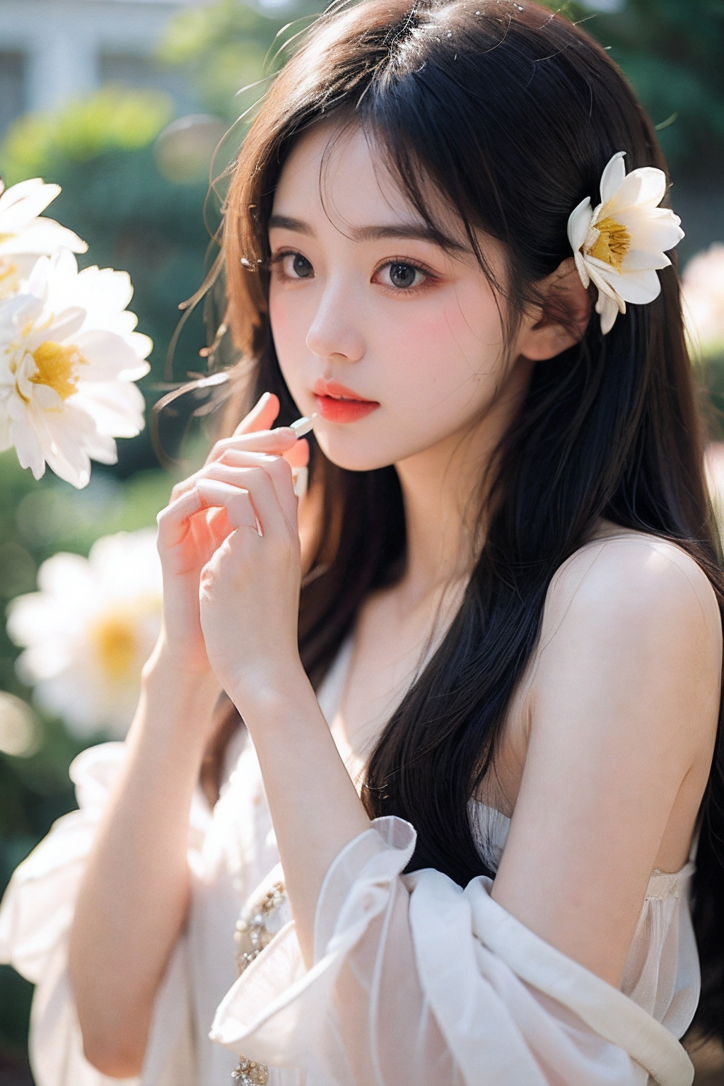  1girl,Floralmotifs,luminousskin,enchantinggaze,embellishedattire,naturallighting,shallowdepthoffield,romanticsetting,dreamypastelpalette,whimsicaldetails,capturedonfilm