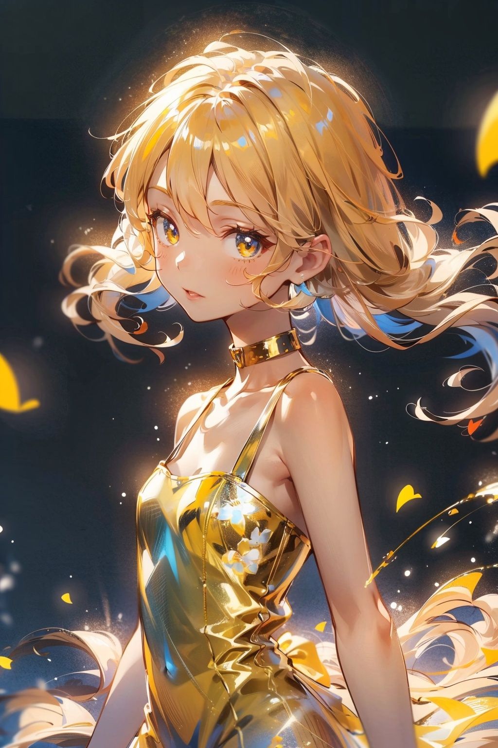  Best quality, 8k,cg,(masterpiece, high quality, highres,Highest picture quality), (Master's work),yellow background,dynamic Angle,Solid color background,Flat color,cute little girl,loli,solo,solo focus,detailed eyes,detailed face,shiny hair, shiny skin, shiny eyes, yellow hair,low twintails,collarbone, bare shoulders,yellow clothes, 