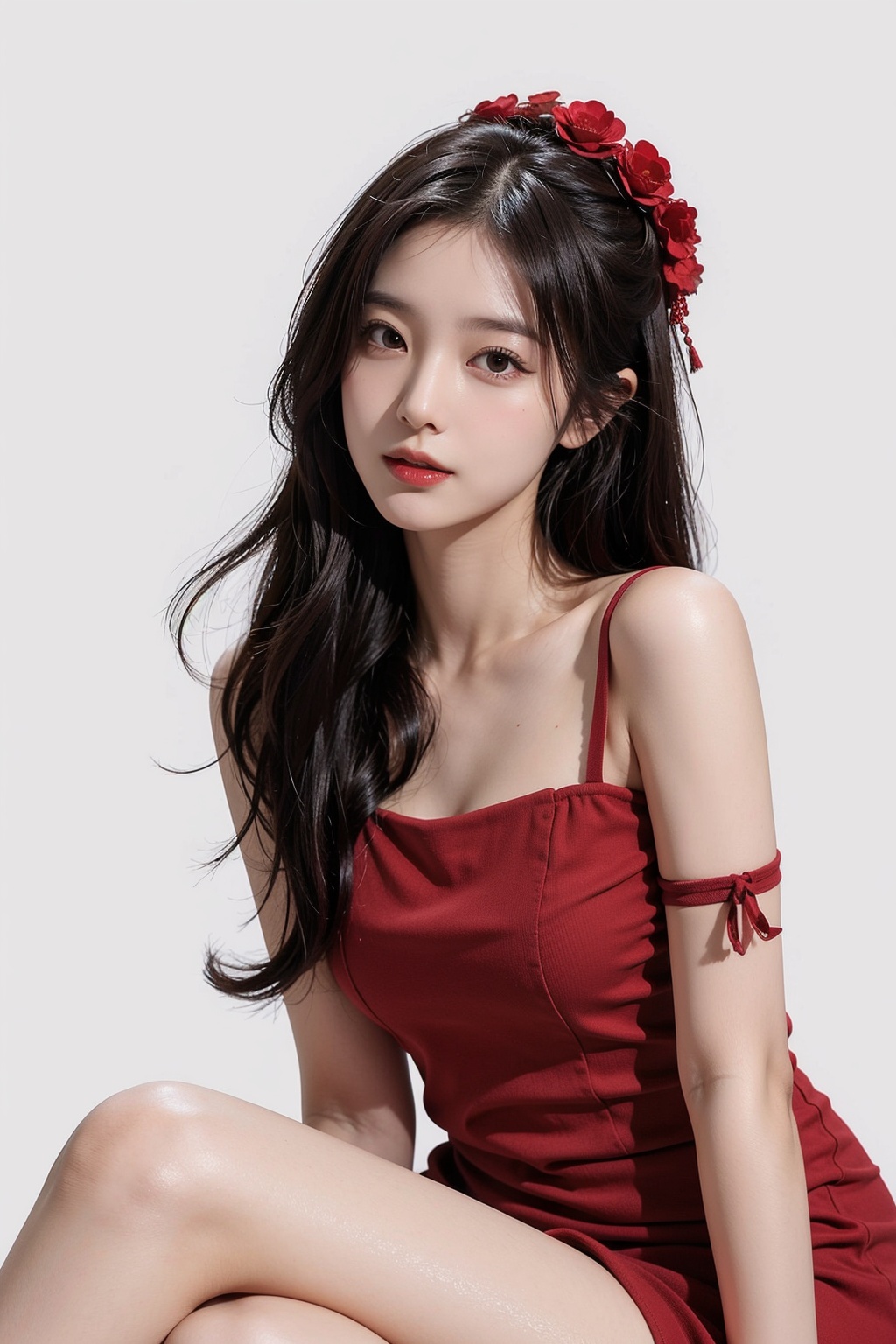 (masterpiece:1.3),(best quality:1.3),highly detailed,(official art, beautiful and aesthetic:1.2),ultra high res,Precise details,With her long hair flowing against a pure white background, Rima floats in mid-air, like a spirit above the earth. Her red dress and distinctive hair accessories complement her red eyes. She sat with a thigh strap around her exposed leg and looked at the audience, her slightly opened mouth revealing a faint smile.,simple background,yellow,blue,red,chinese_style,(sfw:1.2),