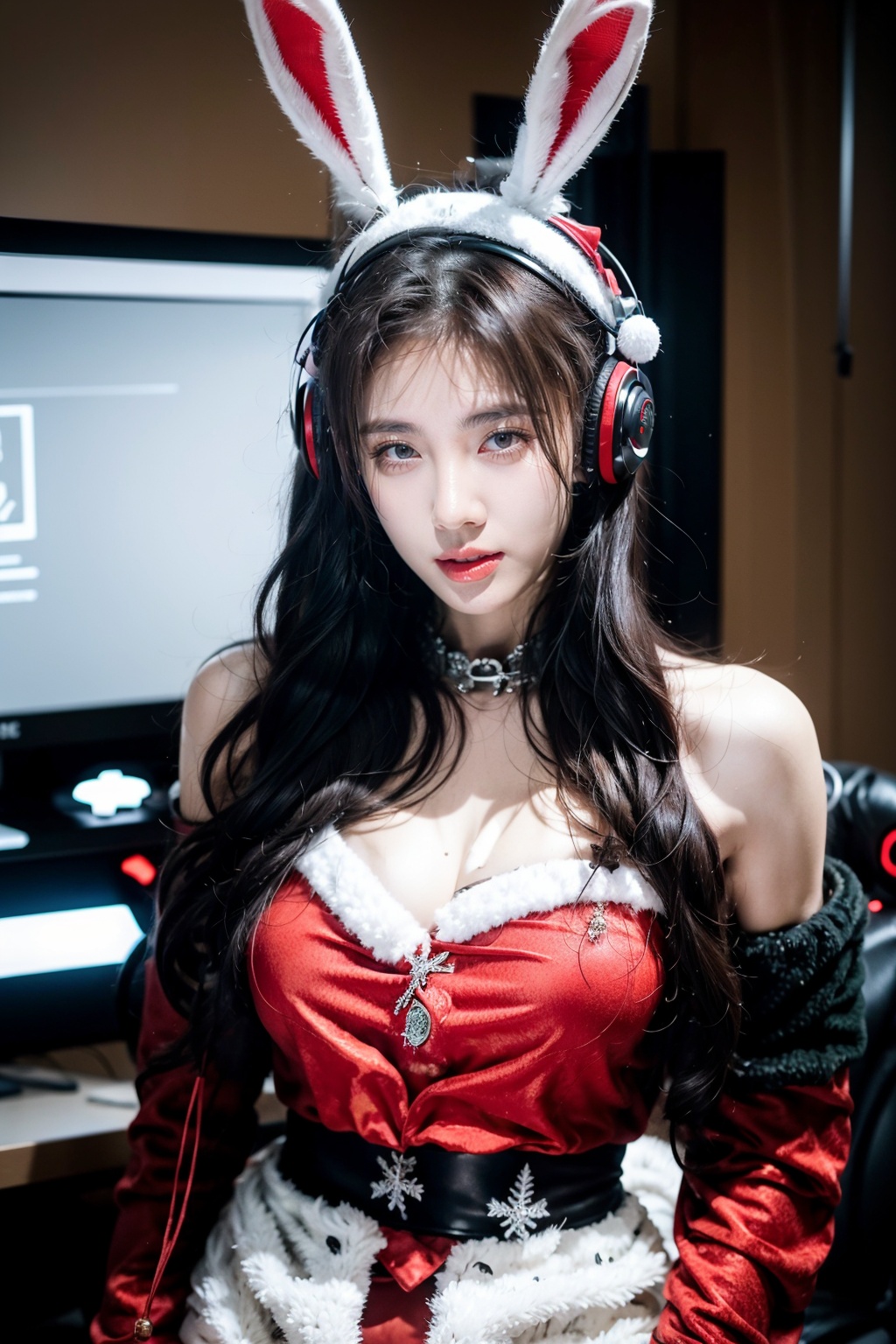  beautiful young woman, extreme detailed,
21yo girl wear Wange_Hu_Christmas_dress, gelcoat, gloves, belt, 
looking at viewer, face, portrait, close-up, red, slender, 
(combat ready stance), (tactical outfit), (solo character), (gaming theme:1.5), red, (black hair), (milittary gear), (gas mask:0.4), (poisonous red:1.2), (glowing effects),
(Wearing glowing rabbit headphones),