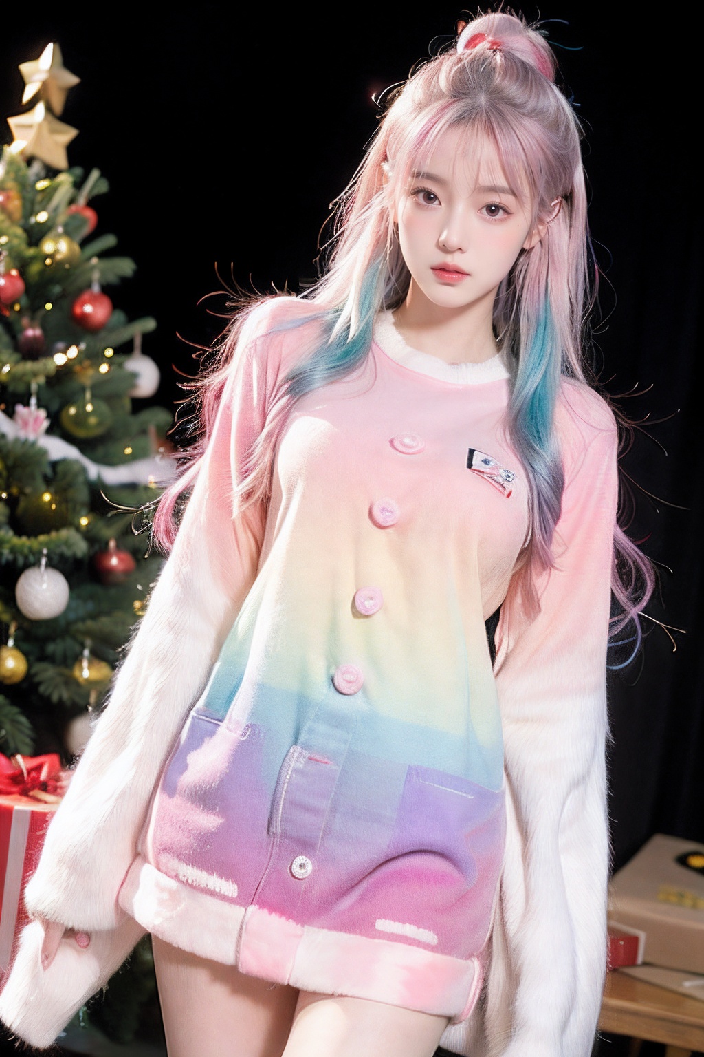 (Masterpiece, best picture quality,hd,8k,hd movie picture), girls,(Pink and white | gradient hair, gradient :1.2),fringe hair,buns,(cute and sexy | patch strips, advanced sense), graphic design, fashion, Standing in the Christmas tree and Christmas presents,sunyunzhu, Nebula
