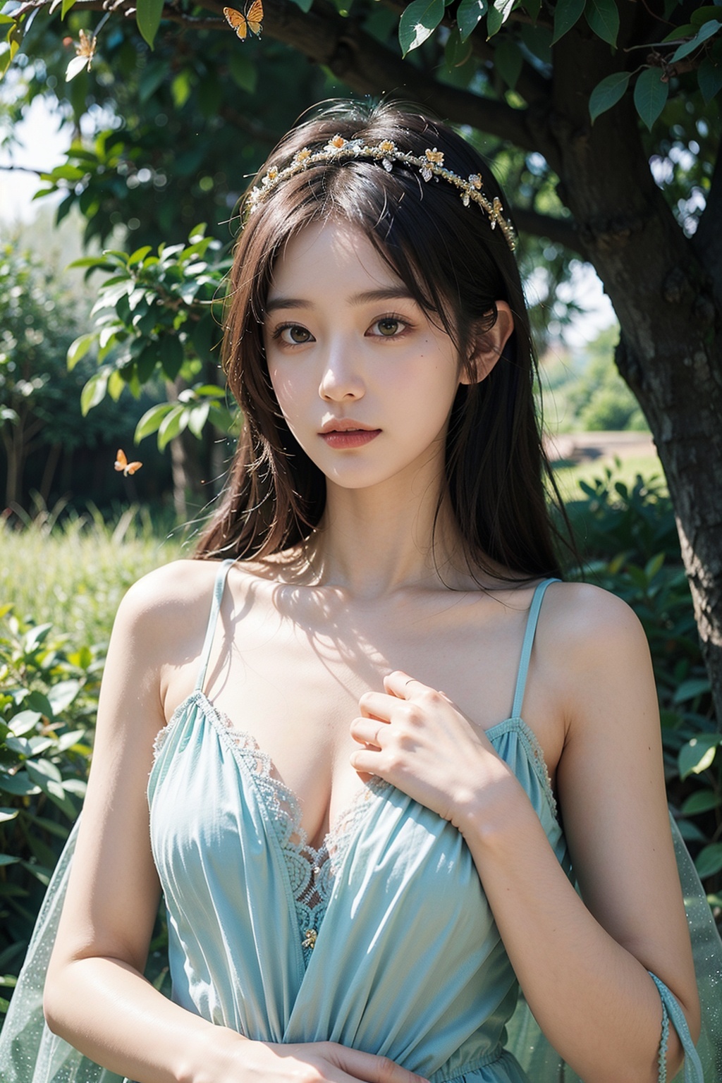 (masterpiece:1.2),best quality,highres,ultra-detailed,HDR,UHD,studio lighting,ultra-fine painting,sharp focus,physically-based rendering,extreme detail description,A springtime fairy,blooming meadow, enchanting, delicate, ethereal beauty, graceful,flowing golden hair, emerald green eyes, afloral wreath crown, petals gown, translucent and shimmering,butterflies and fireflies, a gentle breeze, dappled sunlight, creating a warm ambiance,a sense of rebirth, magic of spring, a fairy princess,pastel colors and soft greens theme, dappled sunlight, soft focus, magical ambiance,bdi,(flat color:0.5),chest