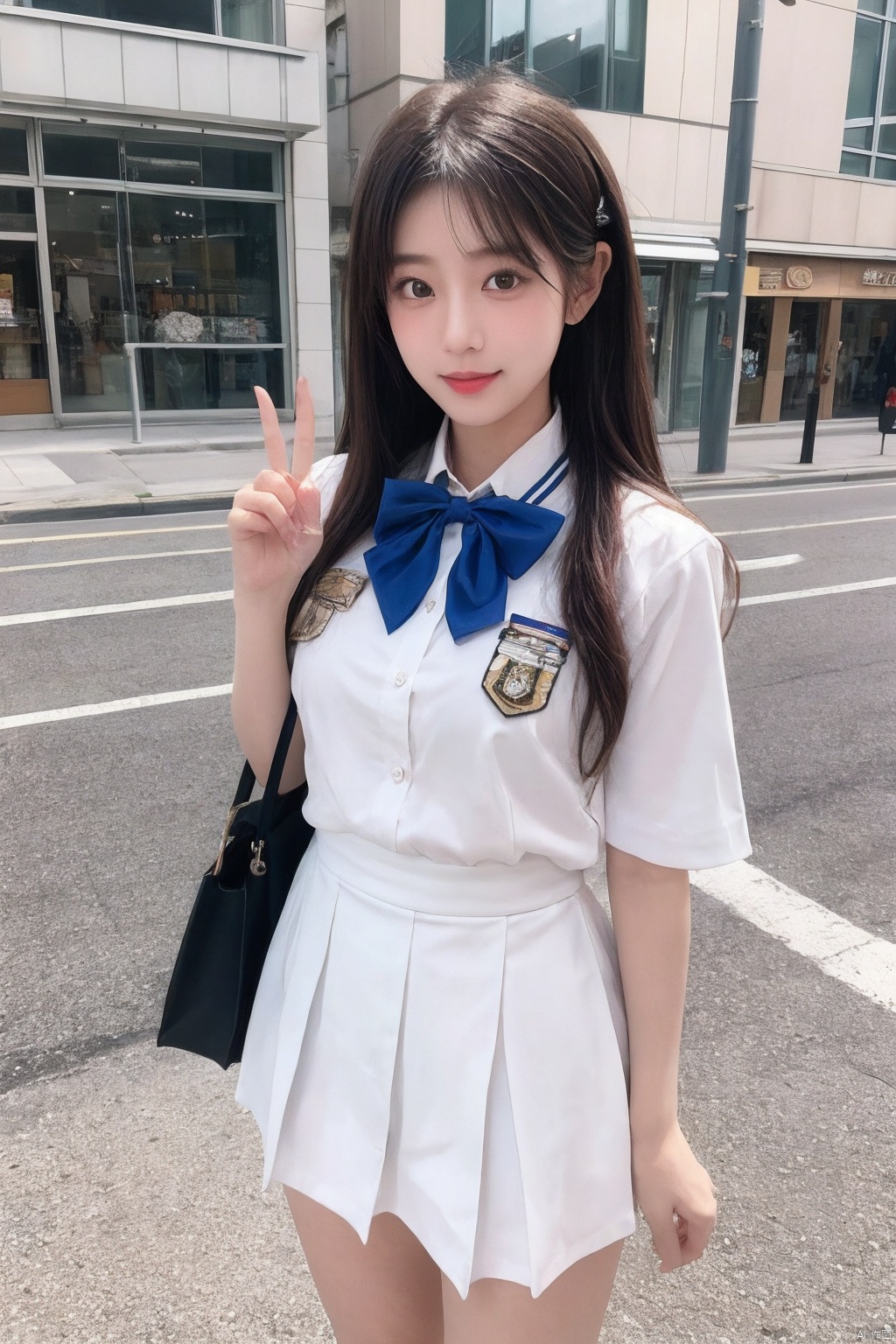 ((masterpiece, best quality)), (masterpiece:1.2), ultra detailed, best quality, , Aihara, gyaru,white uniform, scarf, bowtie, shops, street, blush, looking at viewer, cowboy_shot, full_body, index_finger_raised, 5_fignered