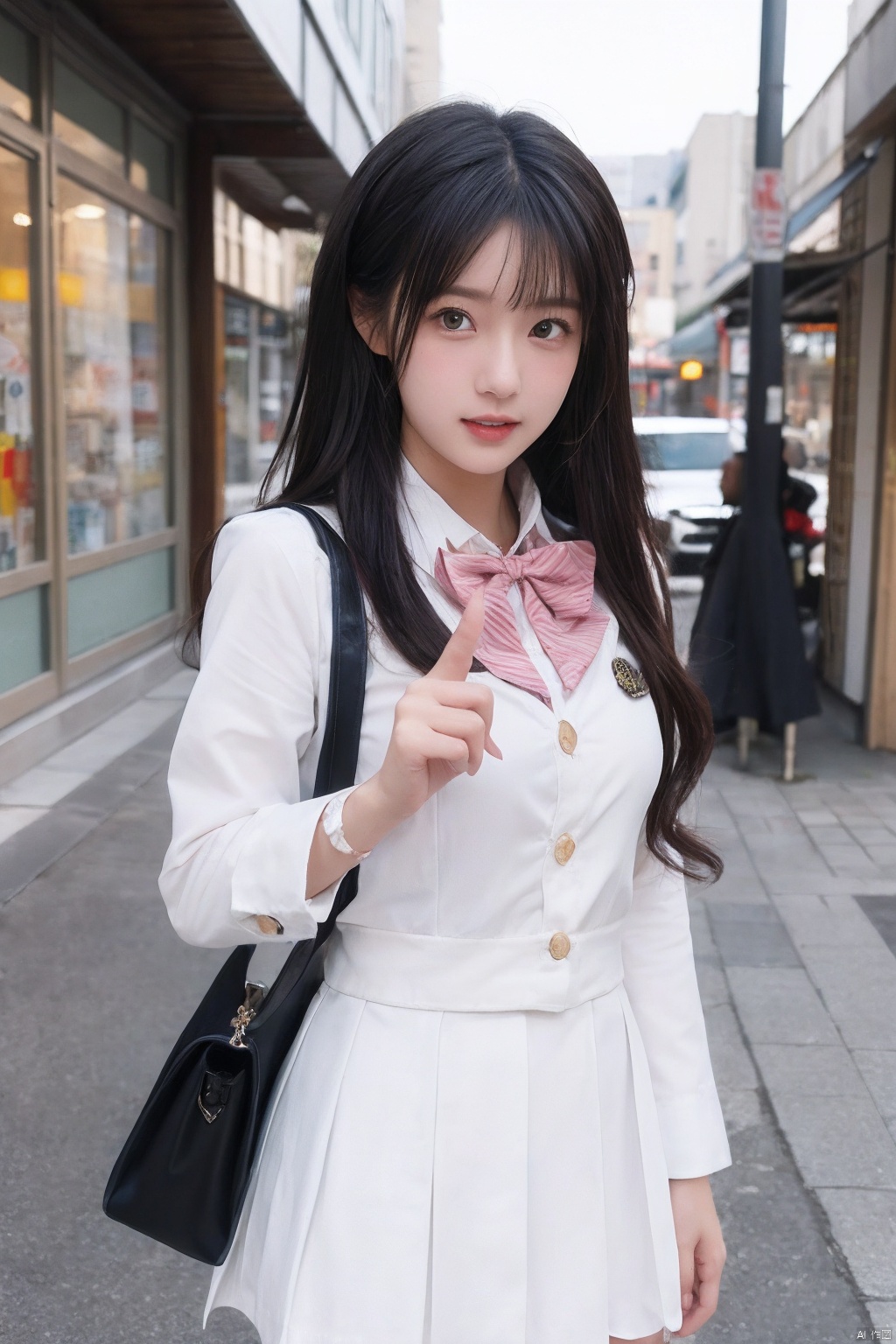 ((masterpiece, best quality)), (masterpiece:1.2), ultra detailed, best quality, , Aihara, gyaru,white uniform, scarf, bowtie, shops, street, blush, looking at viewer, cowboy_shot, full_body, index_finger_raised, 5_fignered,1girl