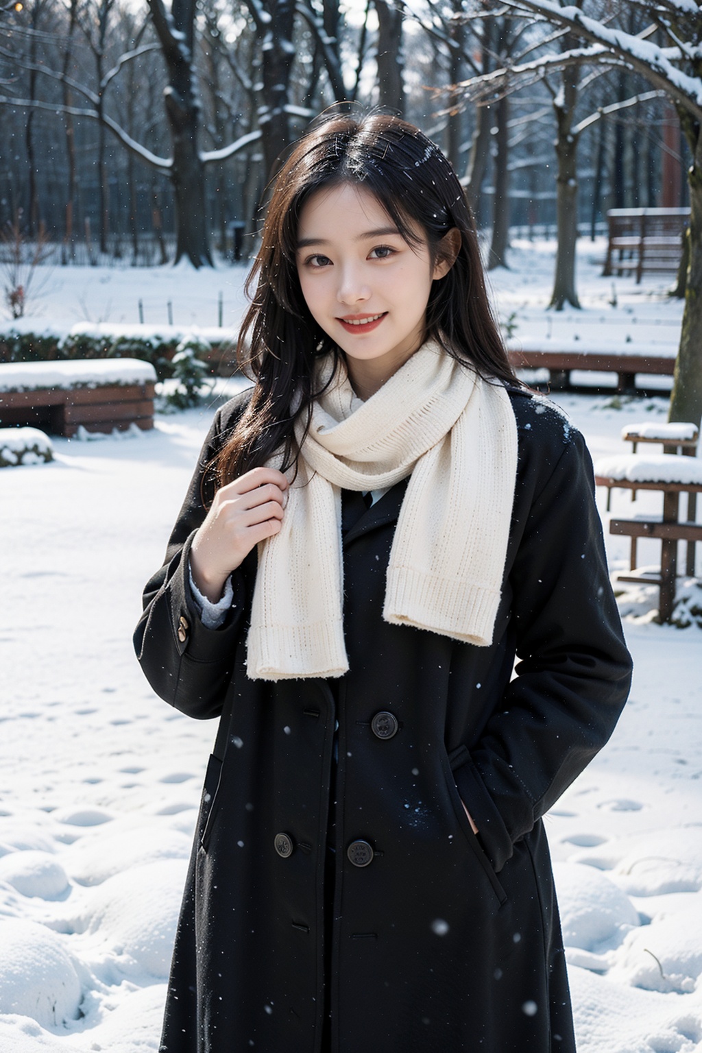 1girl,(snow:1.2),(snowing:1.2),snow,solo,scarf,long hair,smile,brown hair,bokeh,realistic,coat,blurry,,