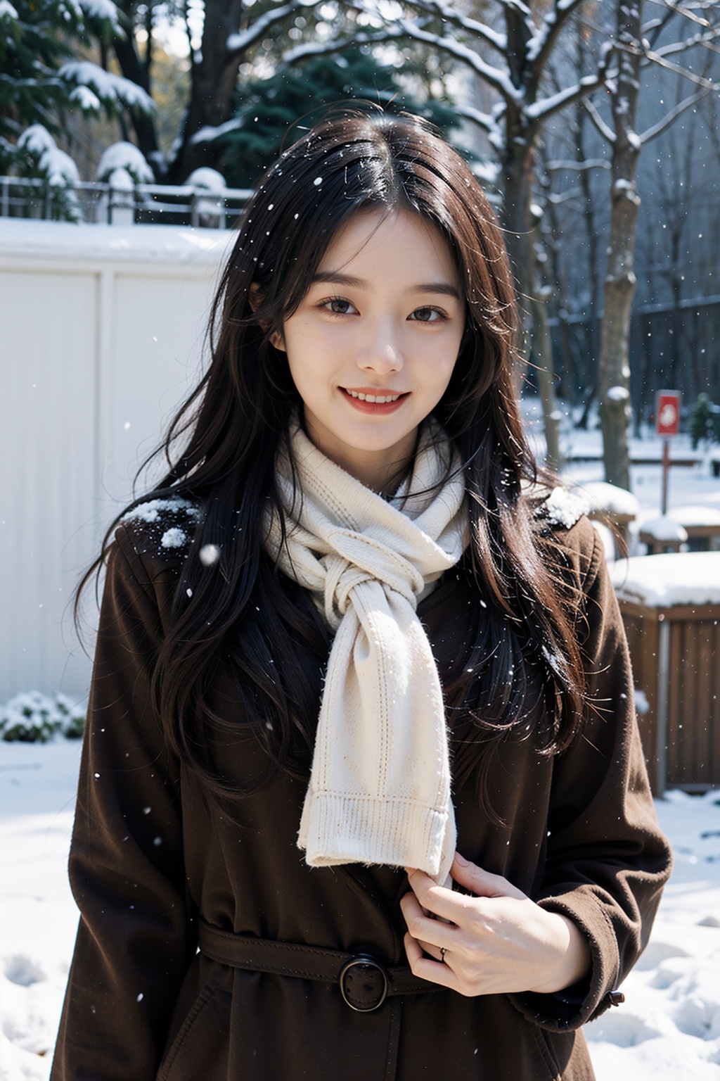 1girl,(snow:1.2),(snowing:1.2),snow,solo,scarf,long hair,smile,brown hair,bokeh,realistic,coat,blurry,,