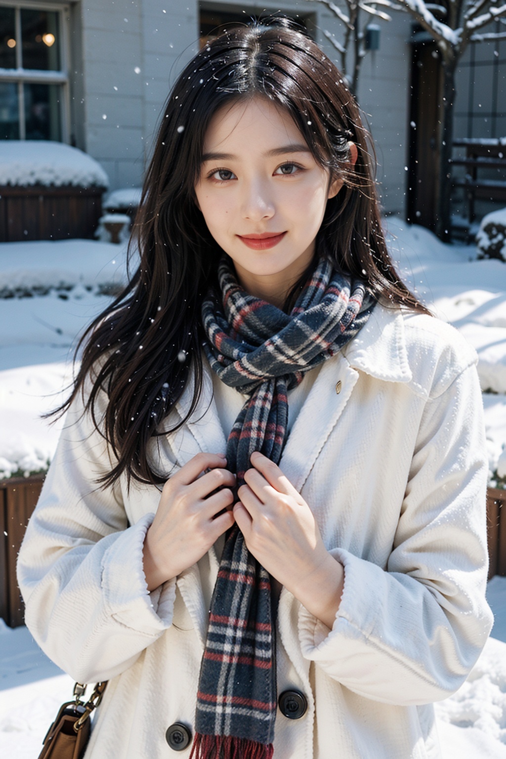 1girl,(snow:1.2),(snowing:1.2),snow,solo,scarf,long hair,smile,brown hair,bokeh,realistic,coat,blurry,,