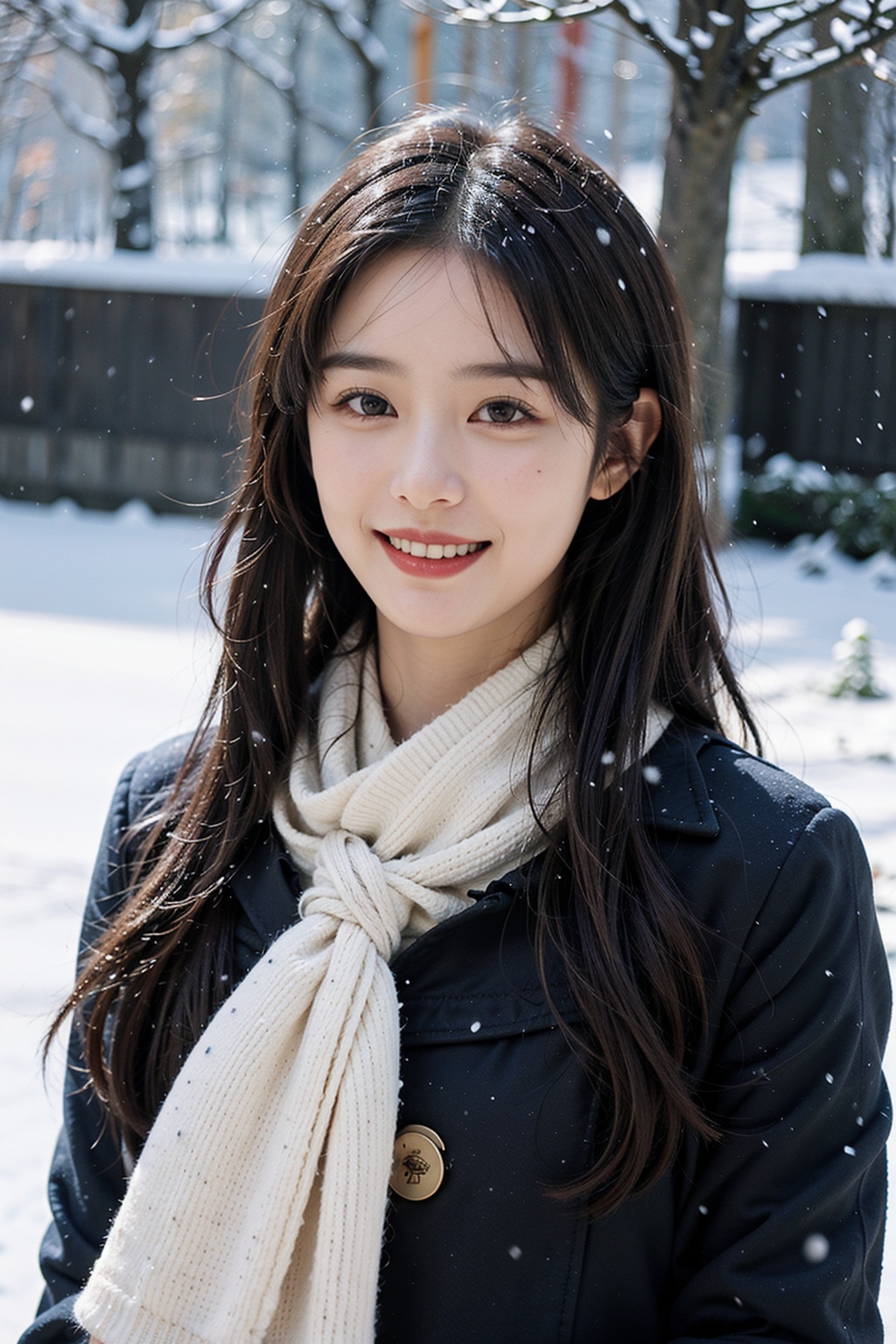 1girl,(snow:1.2),(snowing:1.2),snow,solo,scarf,long hair,smile,brown hair,bokeh,realistic,coat,blurry,,