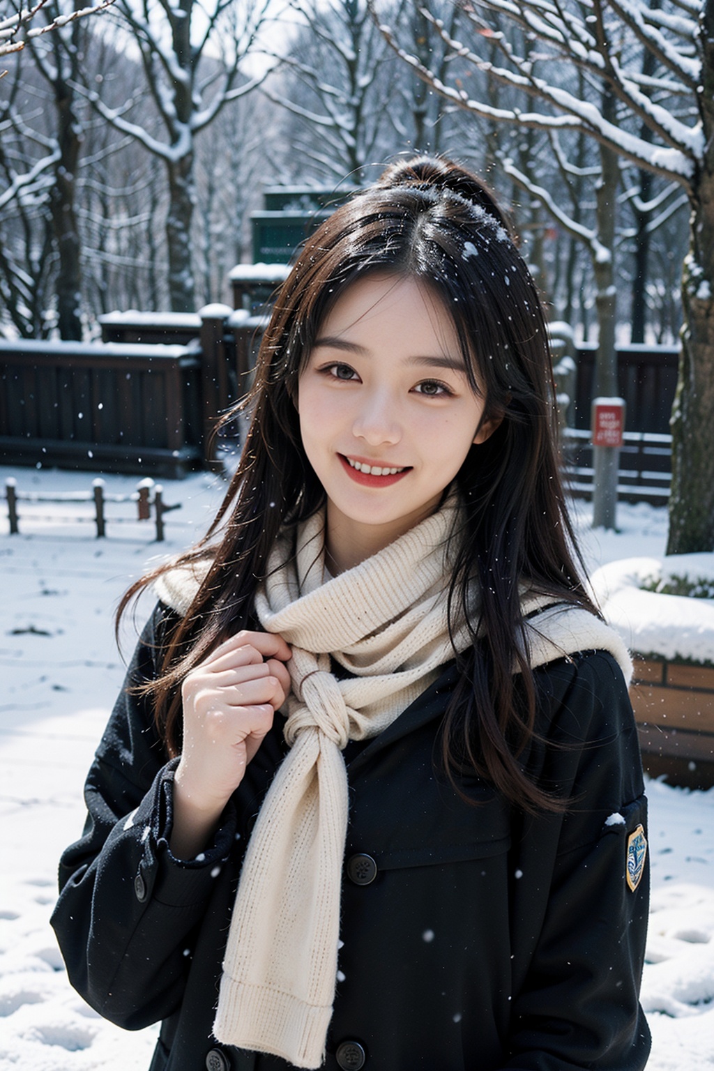 1girl,(snow:1.2),(snowing:1.2),snow,solo,scarf,long hair,smile,brown hair,bokeh,realistic,coat,blurry,,
