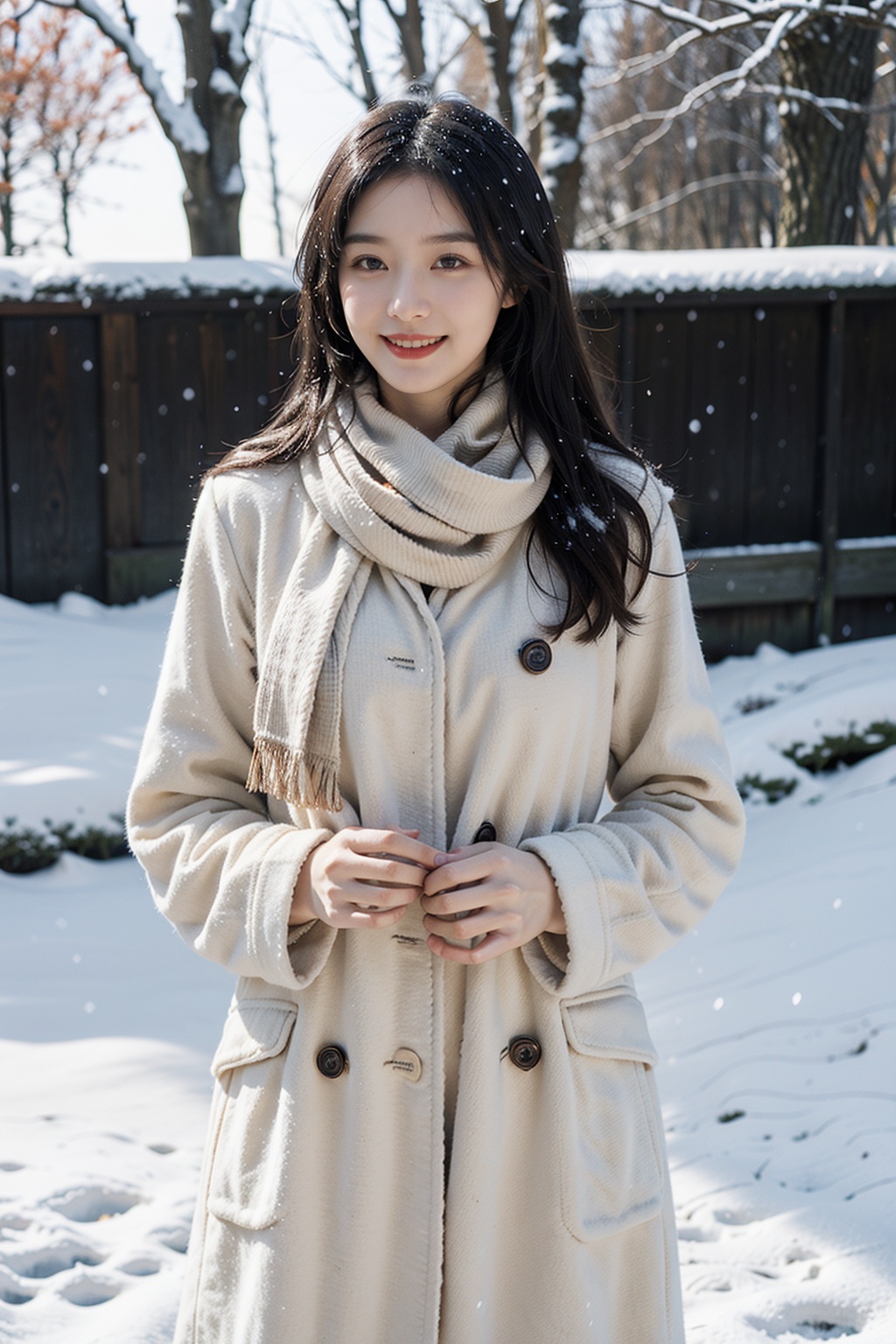 1girl,(snow:1.2),(snowing:1.2),snow,solo,scarf,long hair,smile,brown hair,bokeh,realistic,coat,blurry,,