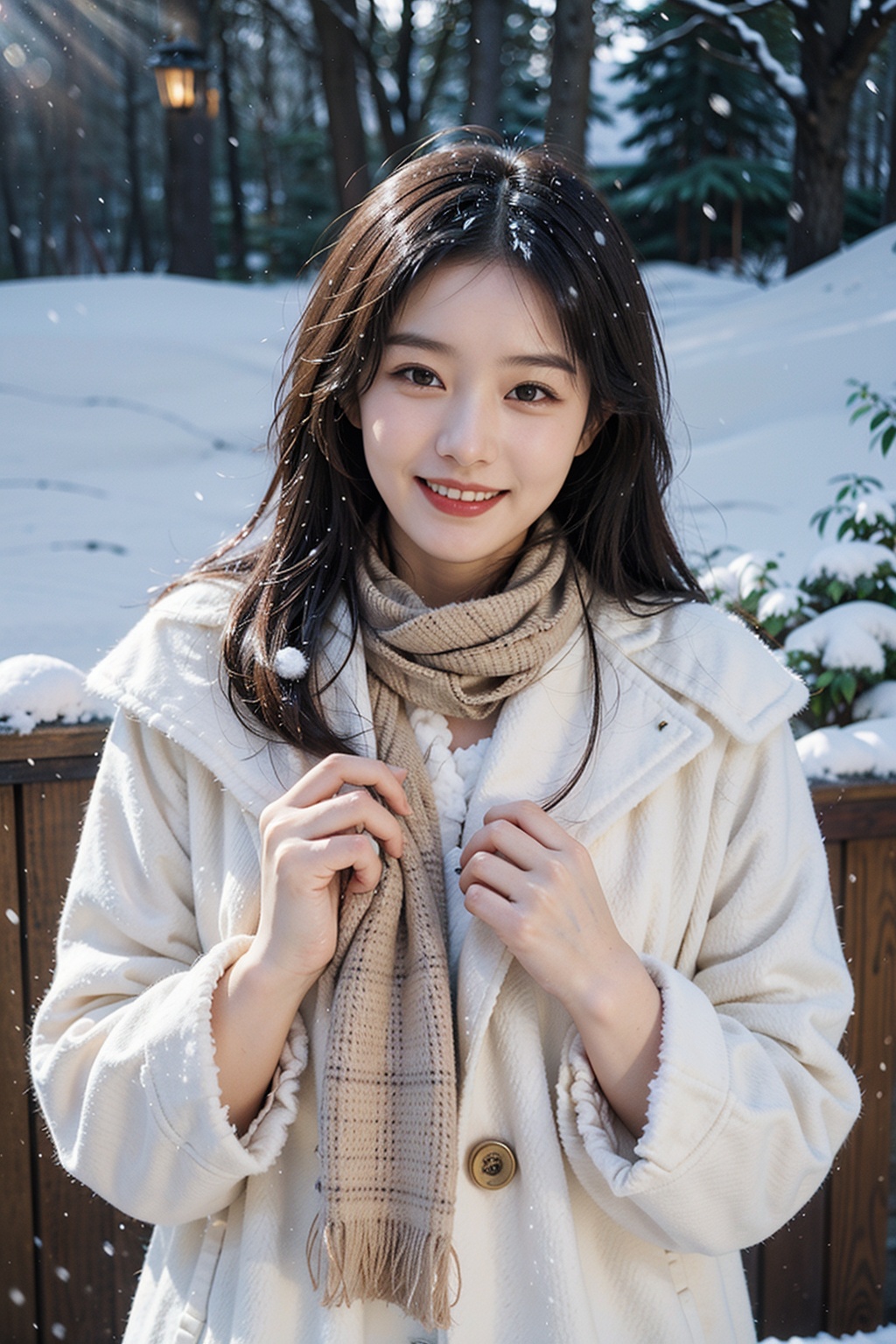 1girl,(snow:1.2),(snowing:1.2),snow,solo,scarf,long hair,smile,brown hair,bokeh,realistic,coat,blurry,,