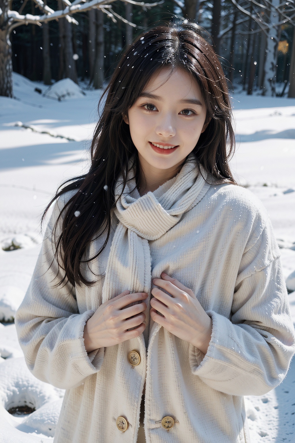 1girl,(snow:1.2),(snowing:1.2),snow,solo,scarf,long hair,smile,brown hair,bokeh,realistic,coat,blurry,,