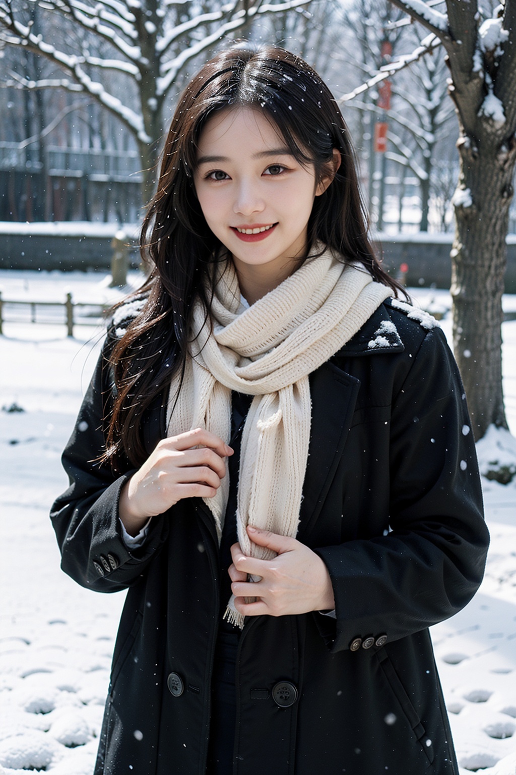 1girl,(snow:1.2),(snowing:1.2),snow,solo,scarf,long hair,smile,brown hair,bokeh,realistic,coat,blurry,,