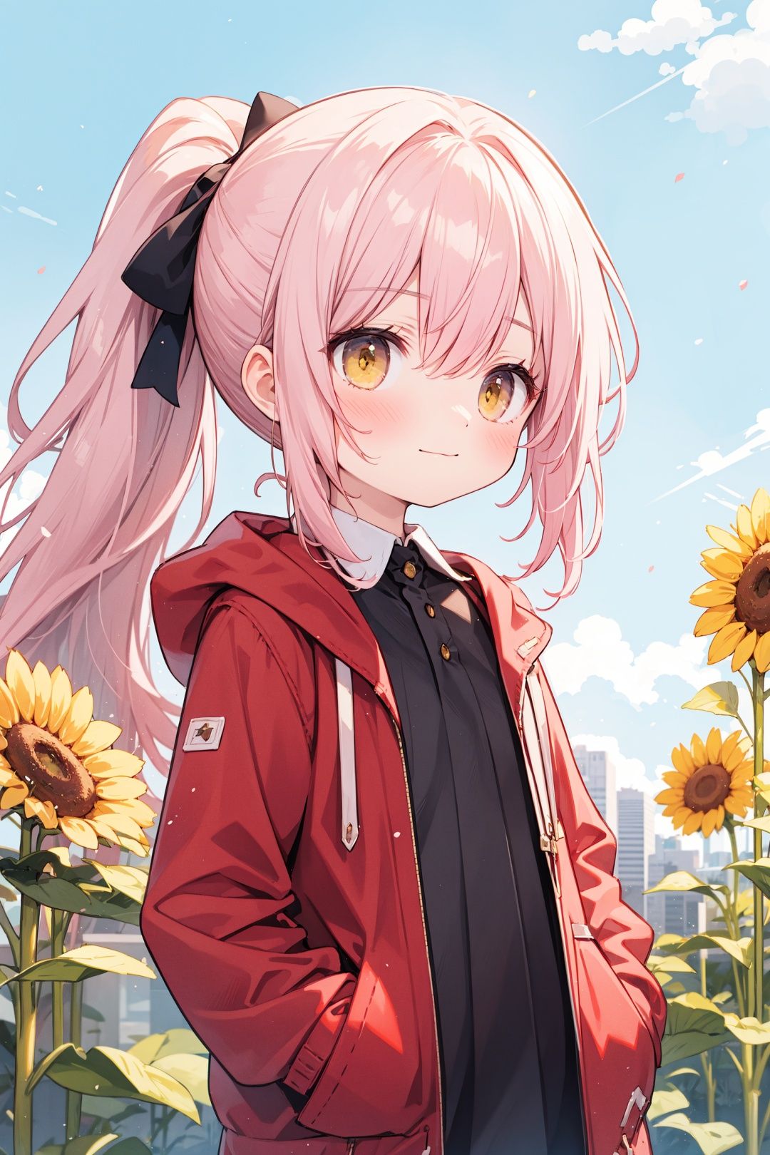  (best quality), ((masterpiece)), (highres),standing,original, extremely detailed wallpaper, (an extremely delicate and beautiful),(loli：1.2),(petite:1.2),Pink hair,Yellow eyes, (red Jacket),high ponytail,white collared shirt,hair flower,fipped hair,floating hair,Frown,hands in pockets,black dress,red bowtie,(solo),sky, skyline, skyscraper, smile, solo, sunflower, tower, upper_body,white flower