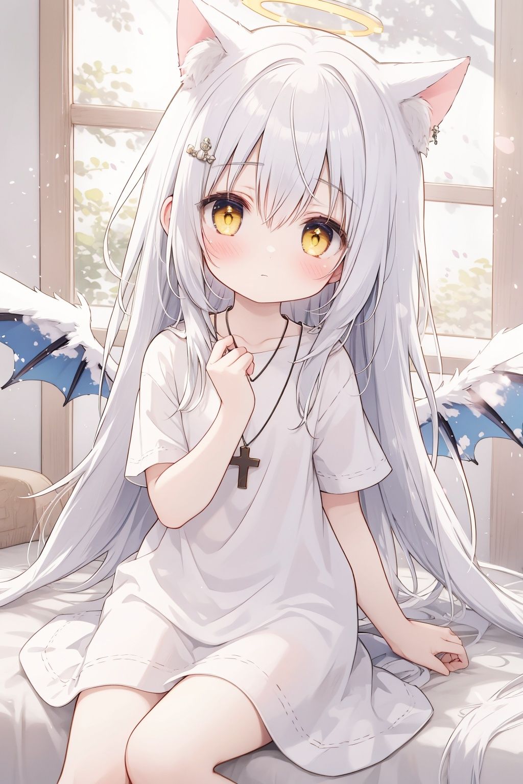  white hair,yellow eyes,looking up,stockings,long hair,hime cut,messy hair,floating hair,demon wings,halo,cross necklace,holy,divinity,shine,holy light,cat girl,(loli),(petite),solo,