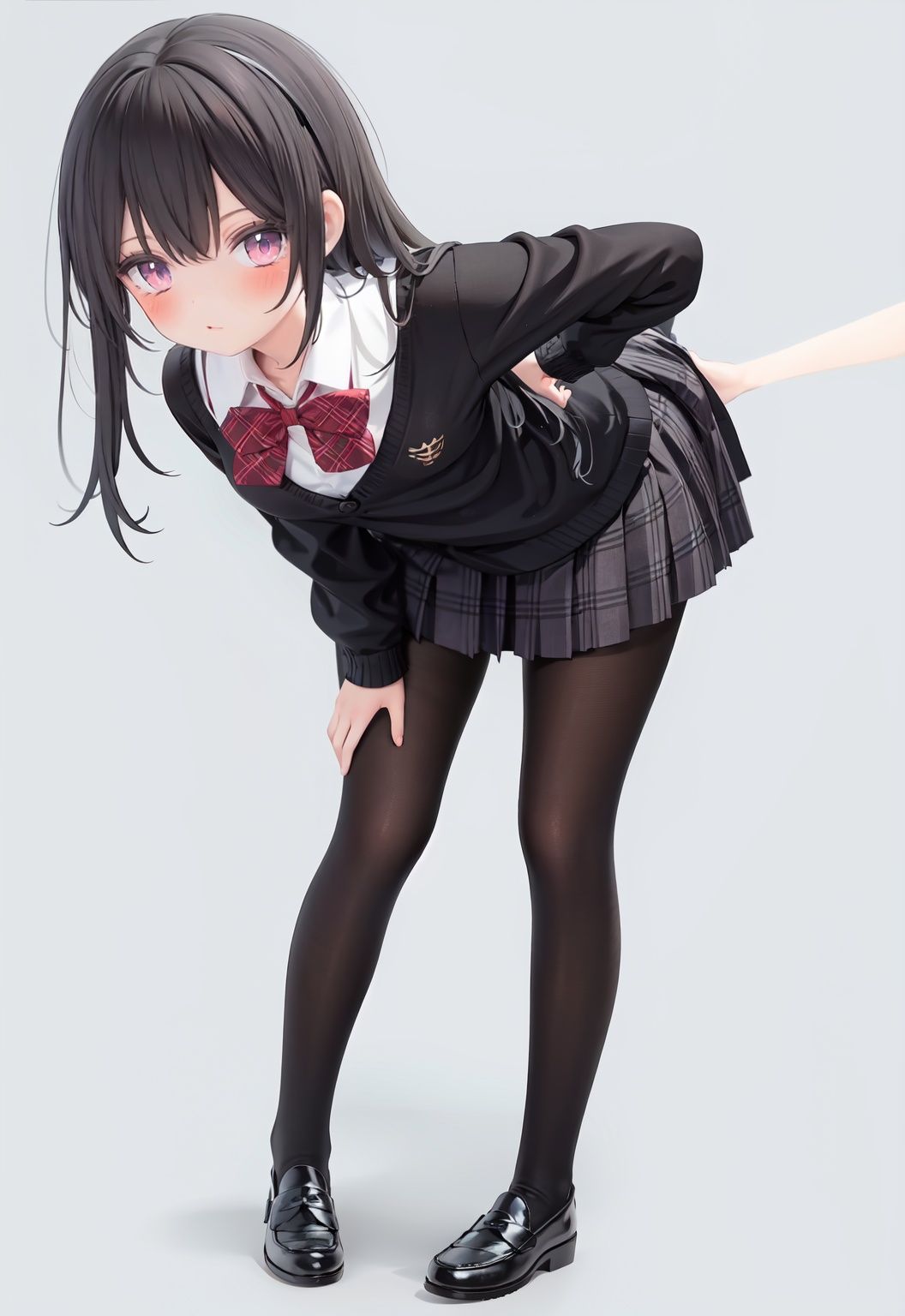  1girl, solo, pantyhose, skirt, long hair, loafers, shoes, simple background, school uniform, brown eyes, plaid, black pantyhose, plaid skirt, looking at viewer, black hair, pantyhose pull, full body, clothes pull, black footwear, pleated skirt, leaning forward, bangs, long sleeves, bent over, cardigan, bow, bowtie, standing, closed mouth, pulled by self, grey background, blush, miniskirt, red bow, sweater, **********
