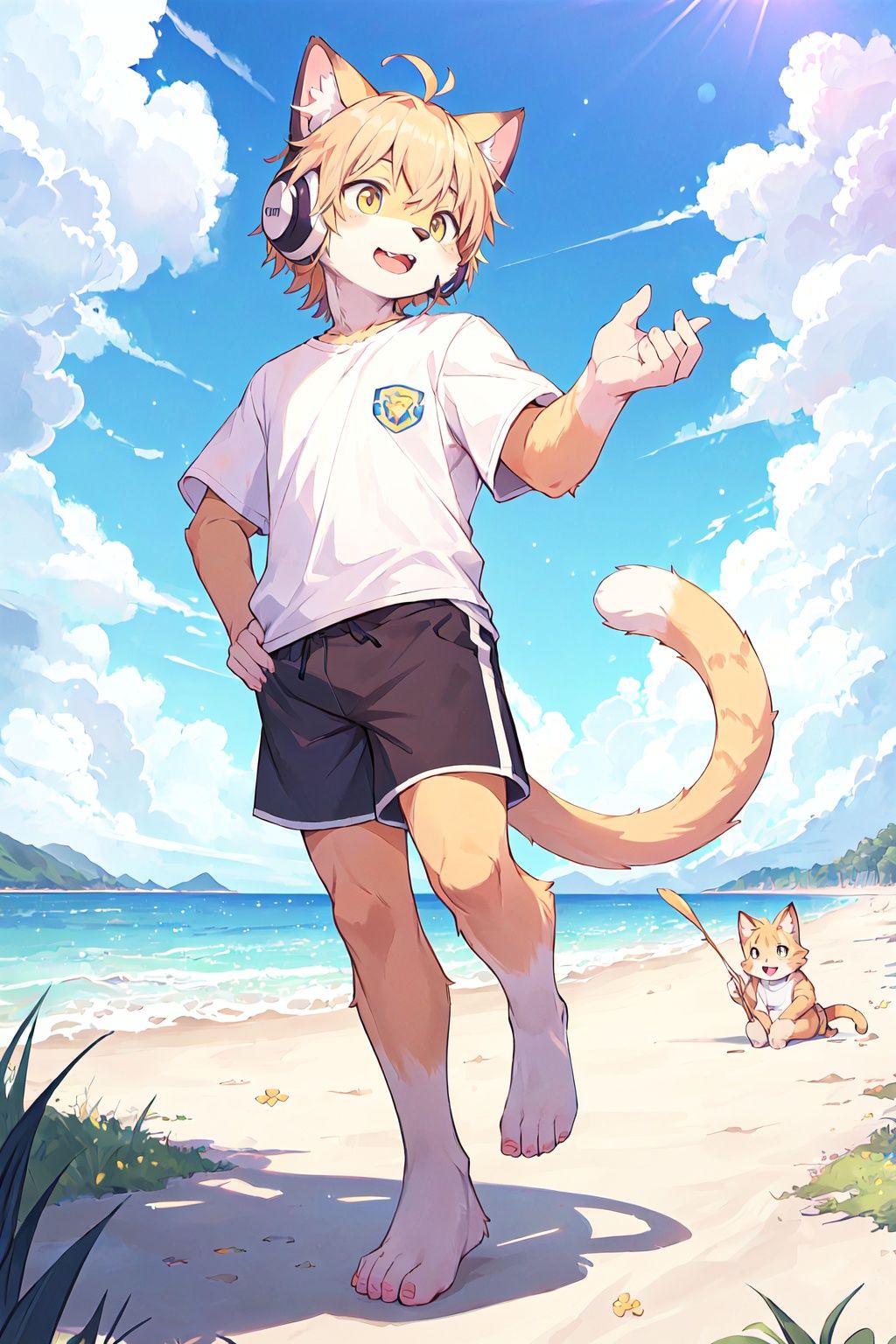 ahoge, furry, Children with bells and headphones, furry, open mouth, Big fluffy tail, An eight-year-old boy, Not a spot on the whole body, Yellow cat ears and brown antlers, Gray shorts, White shirt, The size of the cat, Juvenile, Skinny body type, 1boy, cat boy, furry, cub, ultra cute face, full body, perfect lighting, masterpiece, ultra detailed, White clothes,  ultra detailed fur, Beach, outside, The blue sky and white clouds, Alone,barefoot,furry