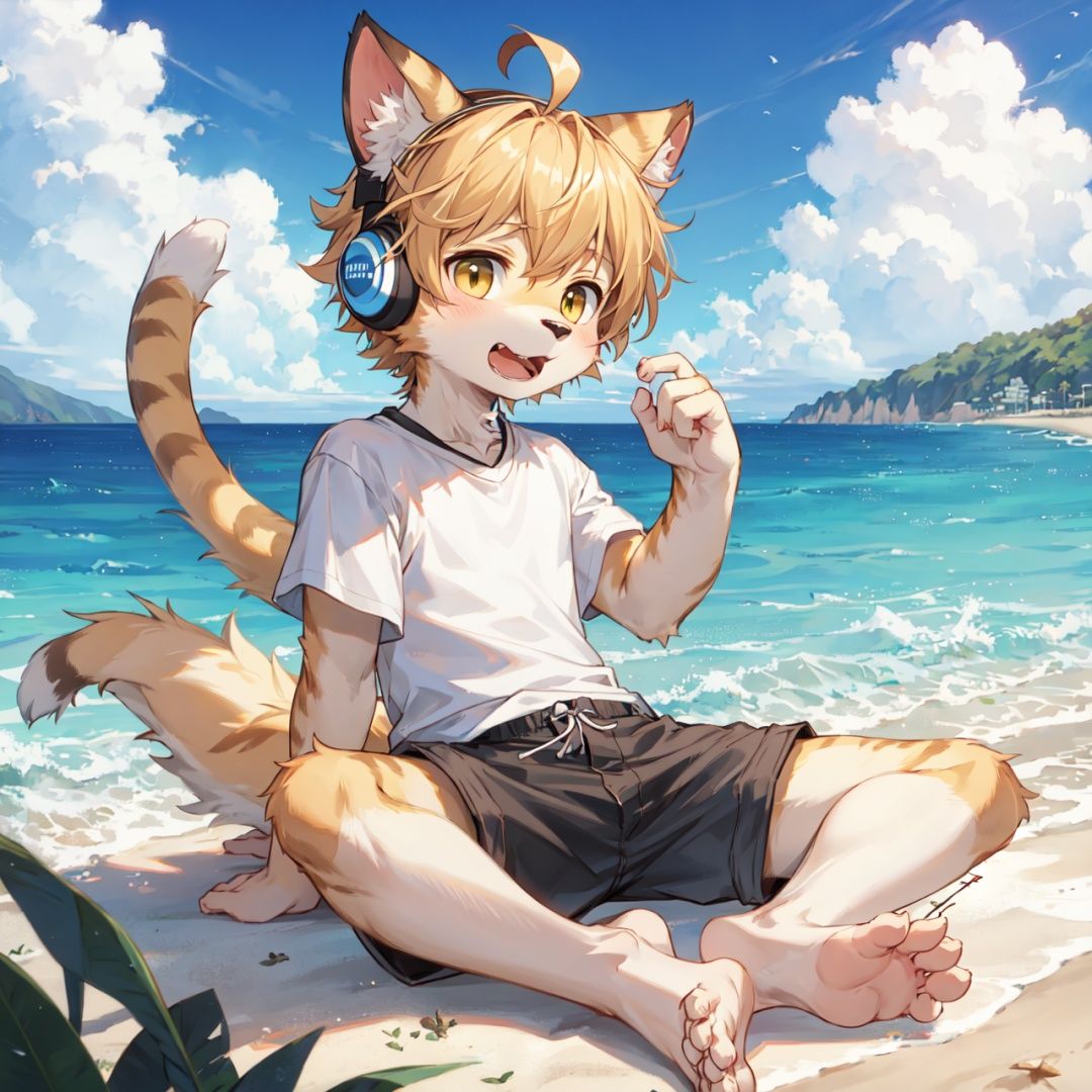 ahoge, furry, Children with bells and headphones, furry, open mouth, Big fluffy tail, An eight-year-old boy, Not a spot on the whole body, Yellow cat ears and brown antlers, Gray shorts, White shirt, The size of the cat, Juvenile, Skinny body type, 1boy, cat boy, furry, cub, ultra cute face, full body, perfect lighting, masterpiece, ultra detailed, White clothes,  ultra detailed fur, Beach, outside, The blue sky and white clouds, Alone,barefoot