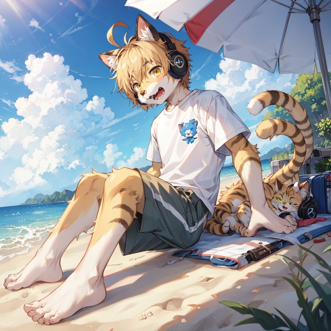 ahoge, furry, Children with bells and headphones, furry, open mouth, Big fluffy tail, An eight-year-old boy, Not a spot on the whole body, Yellow cat ears and brown antlers, Gray shorts, White shirt, The size of the cat, Juvenile, Skinny body type, 1boy, cat boy, furry, cub, ultra cute face, full body, perfect lighting, masterpiece, ultra detailed, White clothes,  ultra detailed fur, Beach, outside, The blue sky and white clouds, Alone,barefoot