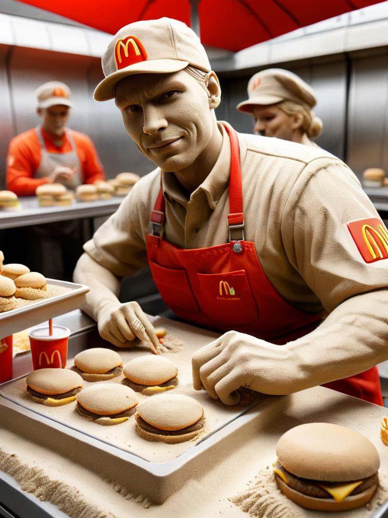 ral-sand,  mc donalds worker giving out hamburgers on Tensor.Art