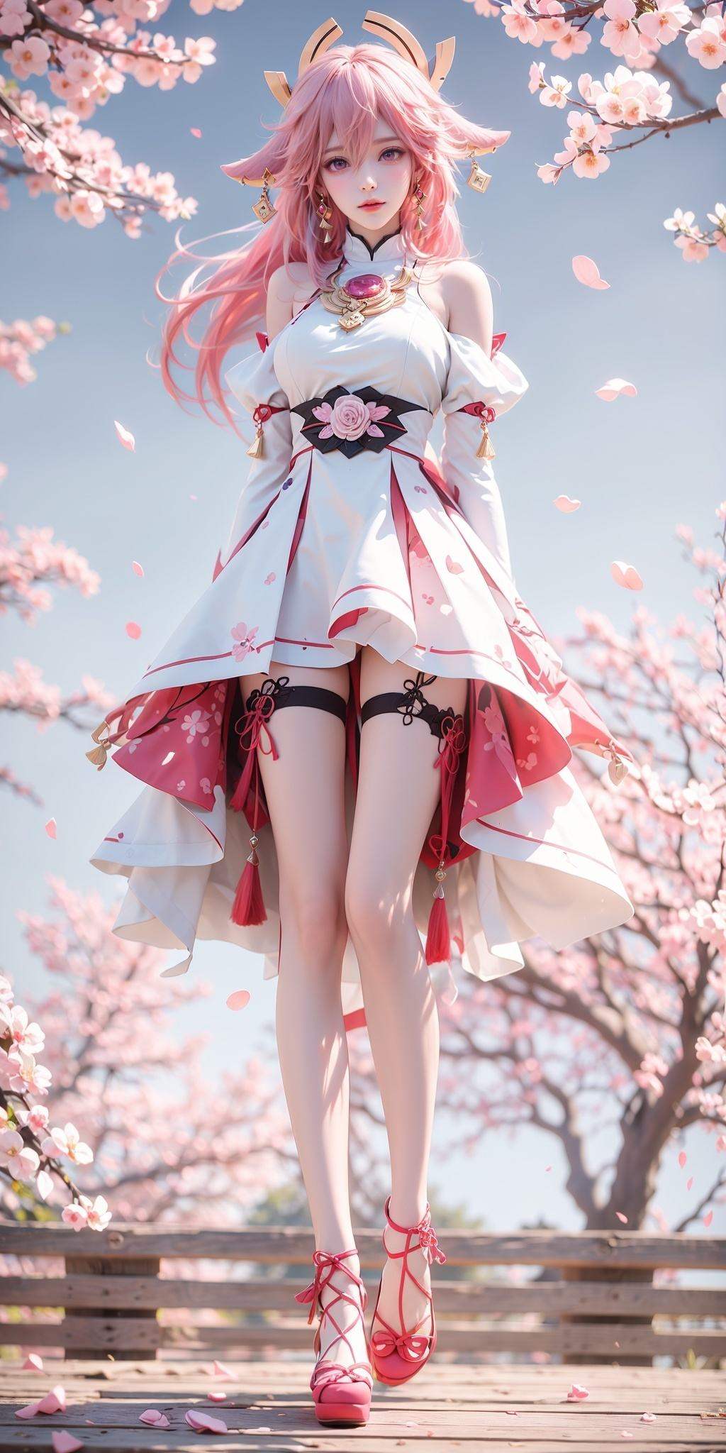 <lora:八重神子:0.75>,(ulzzang-6500-v1.1:0.6),(raw photo:1.2),((photorealistic:1.4))best quality,masterpiece,illustration,an extremely delicate and beautiful,extremely detailed,CG,unity,8k wallpaper,Amazing,finely detail,masterpiece,best quality,official art,extremely detailed CG unity 8k wallpaper,absurdres,incredibly absurdres,huge filesize,ultra-detailed,highres,extremely detailed,beautiful detailed girl,cinematic lighting,1girl,see-through,looking at viewer,outdoors,(jewelry),necklace,hair_ornament,hair_flower,chain,black eyes,(pale skin:1.2),tall female,(perfect body shape),skinny body,Long Legs,Slender legs,skinny body,plum blossom,Plum Tree,(Outdoor:1.3),petals on the ground,(pink hair:1.3),gradient hair,high_heels,bachong,1girl,yae miko,solo,pink hair,purple eyes,looking at viewer,long hair,detached sleeves,bare shoulders,hair between eyes,blurry background,bangs,hair ornament,blurry,jewelry,animal ears,fox ears,earrings,white shirt,shirt,purple eyes,