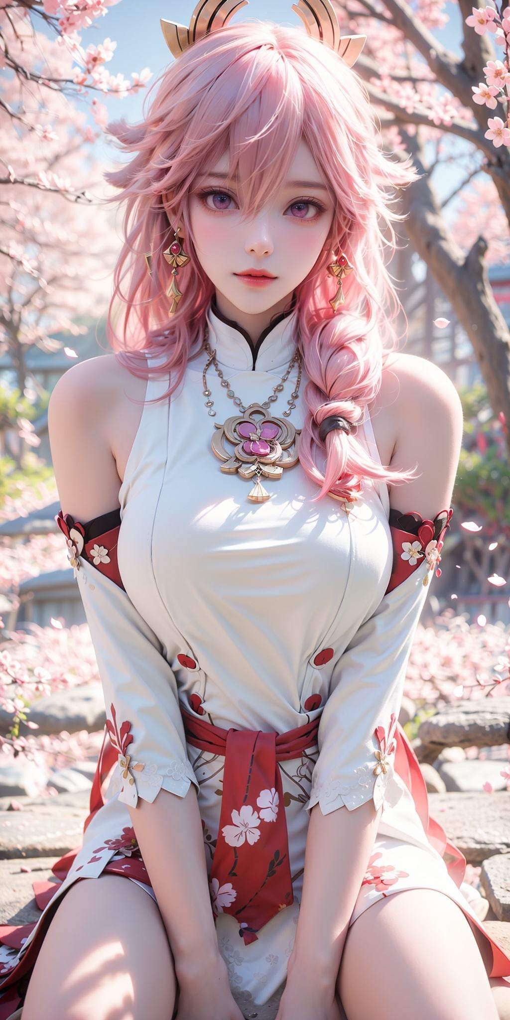 <lora:bachong_20231120220302:0.75>,(ulzzang-6500-v1.1:0.6),(raw photo:1.2),((photorealistic:1.4))best quality,masterpiece,illustration,an extremely delicate and beautiful,extremely detailed,CG,unity,8k wallpaper,Amazing,finely detail,masterpiece,best quality,official art,extremely detailed CG unity 8k wallpaper,absurdres,incredibly absurdres,huge filesize,ultra-detailed,highres,extremely detailed,beautiful detailed girl,cinematic lighting,1girl,see-through,looking at viewer,outdoors,(jewelry),necklace,hair_ornament,hair_flower,chain,black eyes,(pale skin:1.2),tall female,(perfect body shape),skinny body,Long Legs,Slender legs,skinny body,plum blossom,Plum Tree,(Outdoor:1.3),petals on the ground,(pink hair:1.3),gradient hair,high_heels,bachong,1girl,yae miko,solo,pink hair,purple eyes,looking at viewer,long hair,detached sleeves,bare shoulders,hair between eyes,blurry background,bangs,hair ornament,blurry,jewelry,animal ears,fox ears,earrings,white shirt,shirt,purple eyes,(sitting:1.3),(sitting on a stone:1.3),(from below:1.3),