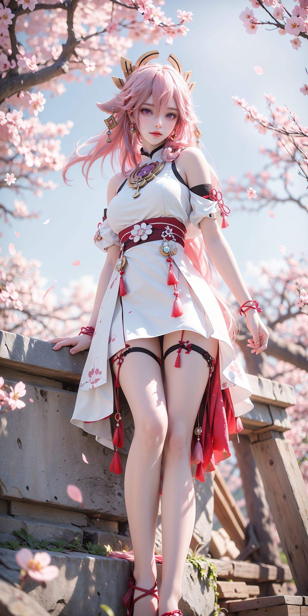 <lora:八重神子:0.75>,(ulzzang-6500-v1.1:0.6),(raw photo:1.2),((photorealistic:1.4))best quality,masterpiece,illustration,an extremely delicate and beautiful,extremely detailed,CG,unity,8k wallpaper,Amazing,finely detail,masterpiece,best quality,official art,extremely detailed CG unity 8k wallpaper,absurdres,incredibly absurdres,huge filesize,ultra-detailed,highres,extremely detailed,beautiful detailed girl,cinematic lighting,1girl,see-through,looking at viewer,outdoors,(jewelry),necklace,hair_ornament,hair_flower,chain,black eyes,(pale skin:1.2),tall female,(perfect body shape),skinny body,Long Legs,Slender legs,skinny body,plum blossom,Plum Tree,(Outdoor:1.3),petals on the ground,(pink hair:1.3),gradient hair,high_heels,bachong,1girl,yae miko,solo,pink hair,purple eyes,looking at viewer,long hair,detached sleeves,bare shoulders,hair between eyes,blurry background,bangs,hair ornament,blurry,jewelry,animal ears,fox ears,earrings,white shirt,shirt,purple eyes,(sitting:1.3),(sitting on a stone:1.3),(from below:1.3),