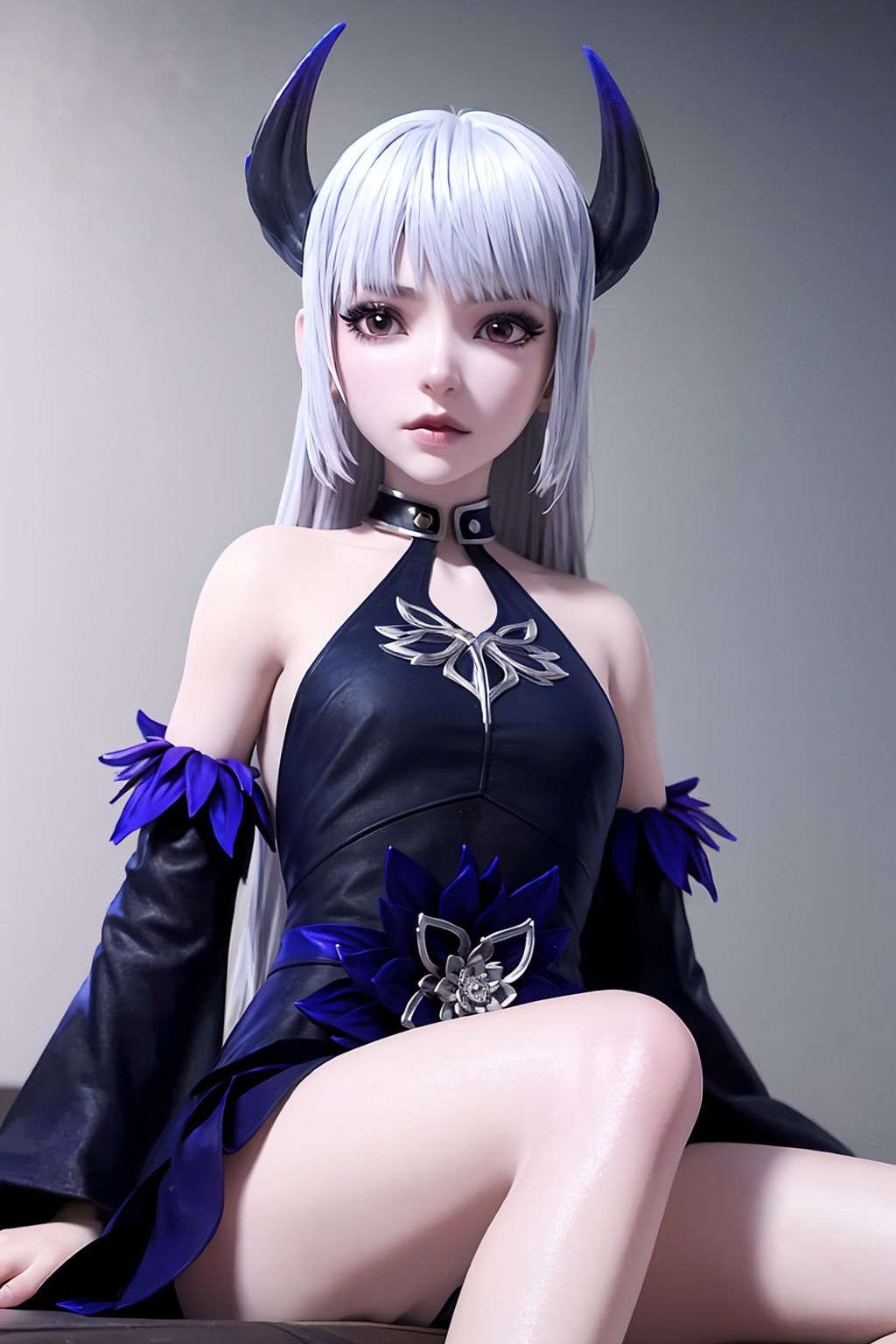crystalstexture skin,8k,RAW photo,best quality,masterpiece,photorealistic,ultra-detailed,extremely detailed cg 8k wallpaper,looking at viewer,<lora:coo_西行纪_魔缨_maiden_1.1:0.7>,1girl,solo,long hair,horns,purple dress,(abd flower,:1.2),bare shoulders,dress,bangs,makeup,detached sleeves,choker,colored skin,white hair,pale skin,bare legs,sitting,