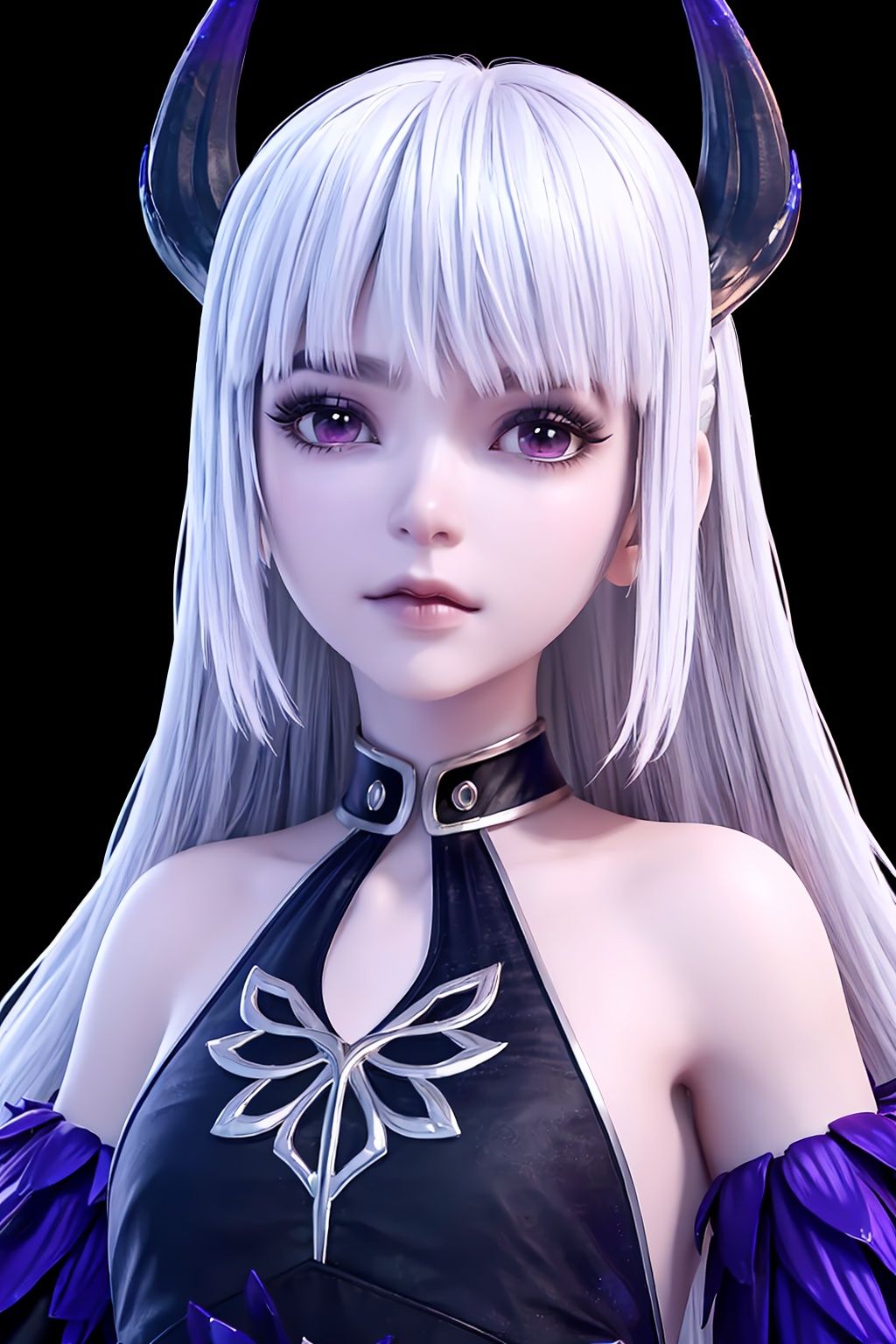 crystalstexture skin,8k,RAW photo,best quality,masterpiece,photorealistic,ultra-detailed,extremely detailed cg 8k wallpaper,looking at viewer,<lora:coo_西行纪_魔缨_maiden_1.1:0.7>,1girl, solo, long hair, horns, purple dress, bare shoulders, dress, bangs, makeup, detached sleeves, choker, colored skin, white hair, pale skin, abd flower