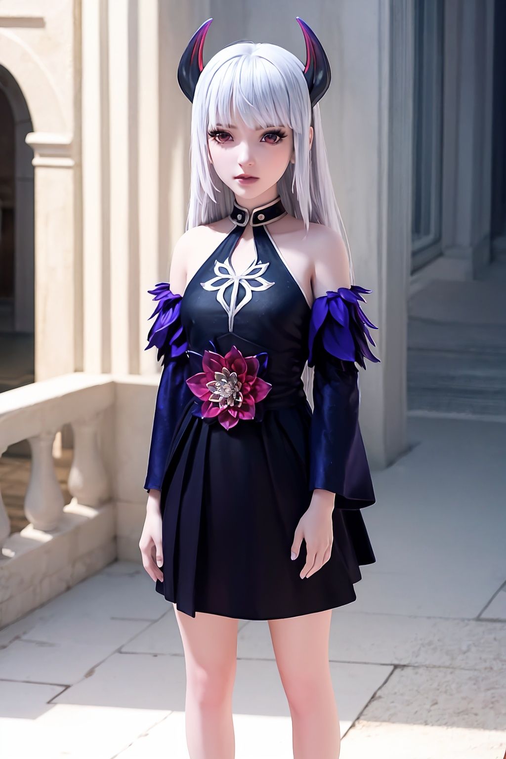 crystalstexture skin,8k,RAW photo,best quality,masterpiece,photorealistic,ultra-detailed,extremely detailed cg 8k wallpaper,looking at viewer,<lora:coo_西行纪_魔缨_maiden_1.1:0.7>,1girl,solo,long hair,horns,purple dress,(abd flower,:1.2),bare shoulders,dress,bangs,makeup,detached sleeves,choker,colored skin,white hair,pale skin,bare legs,standing,