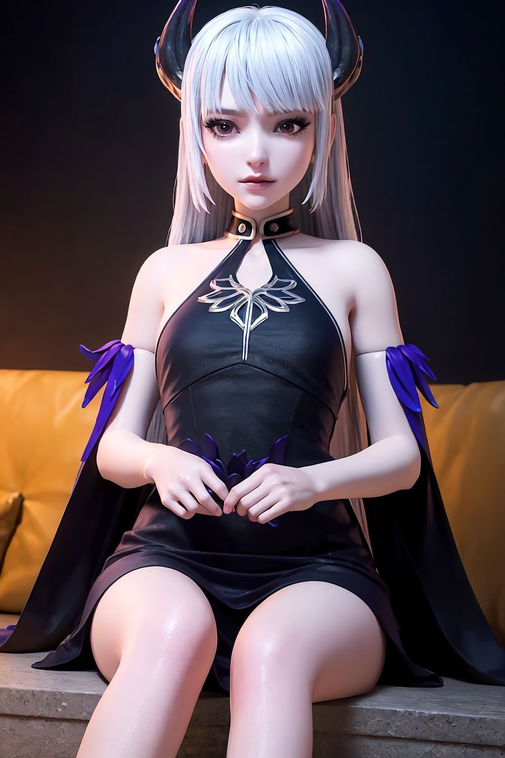 crystalstexture skin,8k,RAW photo,best quality,masterpiece,photorealistic,ultra-detailed,extremely detailed cg 8k wallpaper,looking at viewer,<lora:coo_西行纪_魔缨_maiden_1.1:0.7>,1girl,solo,long hair,horns,purple dress,(abd flower,:1.2),bare shoulders,dress,bangs,makeup,detached sleeves,choker,colored skin,white hair,pale skin,bare legs,sitting,