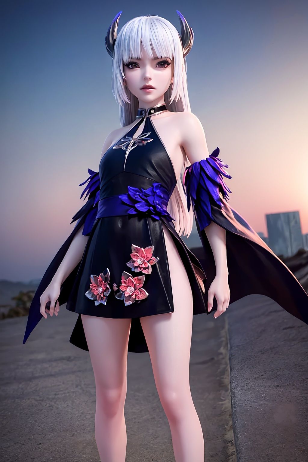 crystalstexture skin,8k,RAW photo,best quality,masterpiece,photorealistic,ultra-detailed,extremely detailed cg 8k wallpaper,looking at viewer,<lora:coo_西行纪_魔缨_maiden_1.1:0.75>,1girl,solo,long hair,(abd flower:1.2),horns,purple dress,bare shoulders,dress,bangs,makeup,detached sleeves,choker,colored skin,white hair,pale skin,bare legs,standing,