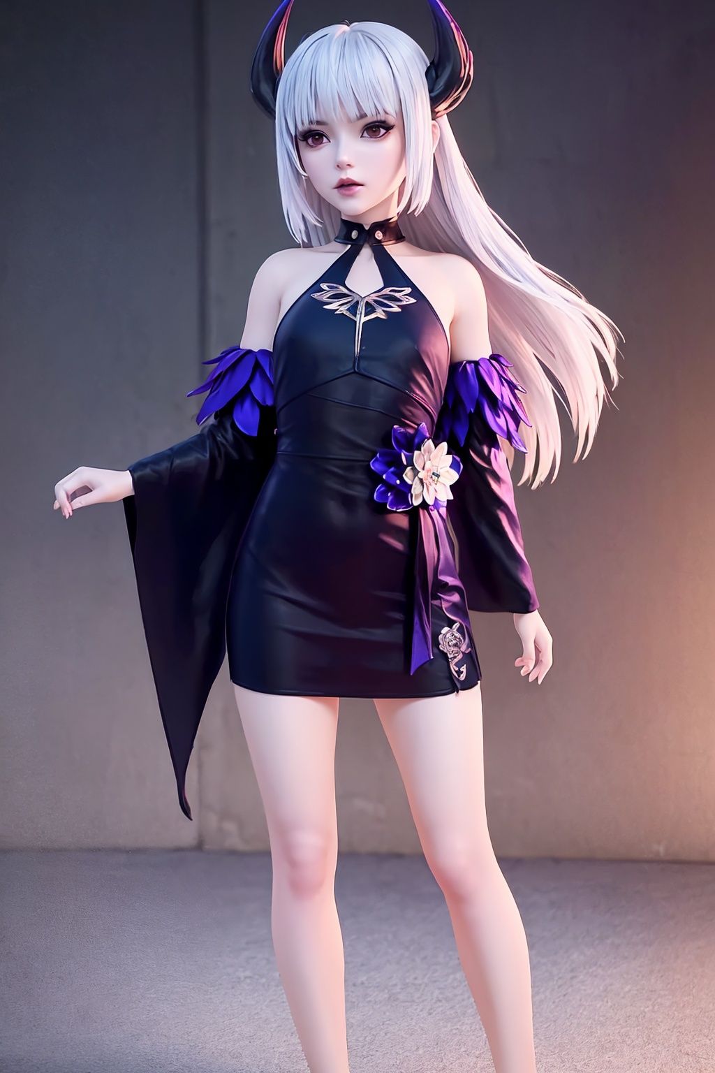 crystalstexture skin,8k,RAW photo,best quality,masterpiece,photorealistic,ultra-detailed,extremely detailed cg 8k wallpaper,looking at viewer,<lora:coo_西行纪_魔缨_maiden_1.1:0.7>,1girl,solo,long hair,horns,purple dress,(abd flower,:1.2),bare shoulders,dress,bangs,makeup,detached sleeves,choker,colored skin,white hair,pale skin,bare legs,standing,