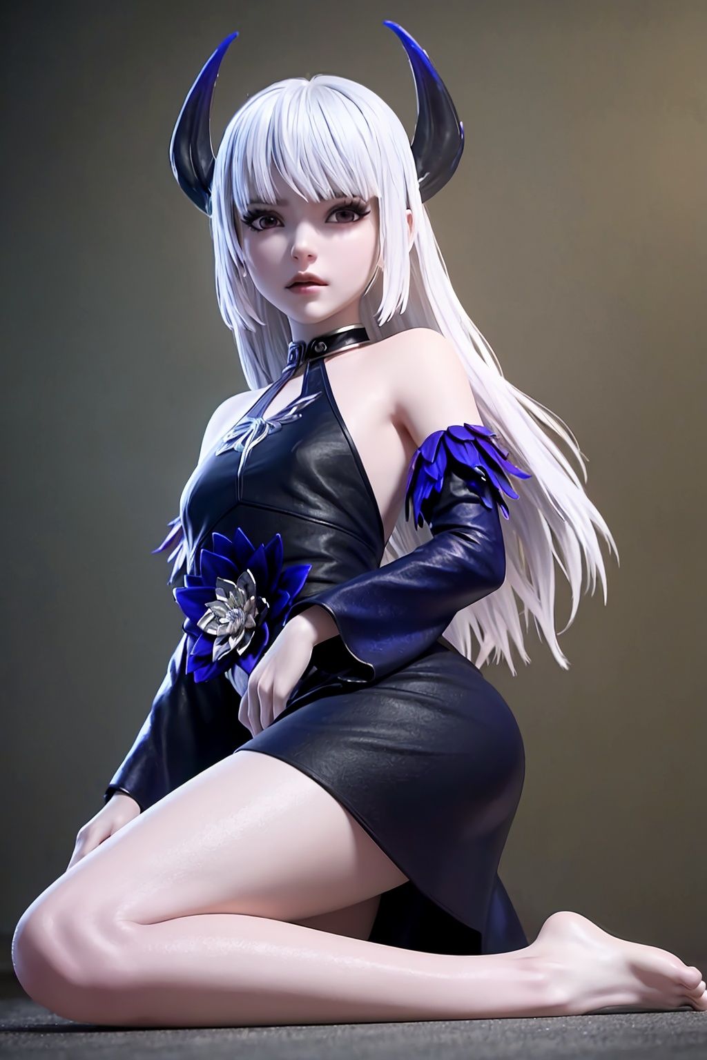crystalstexture skin,8k,RAW photo,best quality,masterpiece,photorealistic,ultra-detailed,extremely detailed cg 8k wallpaper,looking at viewer,<lora:coo_西行纪_魔缨_maiden_1.1:0.7>,1girl,solo,long hair,horns,purple dress,(abd flower,:1.2),bare shoulders,dress,bangs,makeup,detached sleeves,choker,colored skin,white hair,pale skin,bare legs,kneeling,