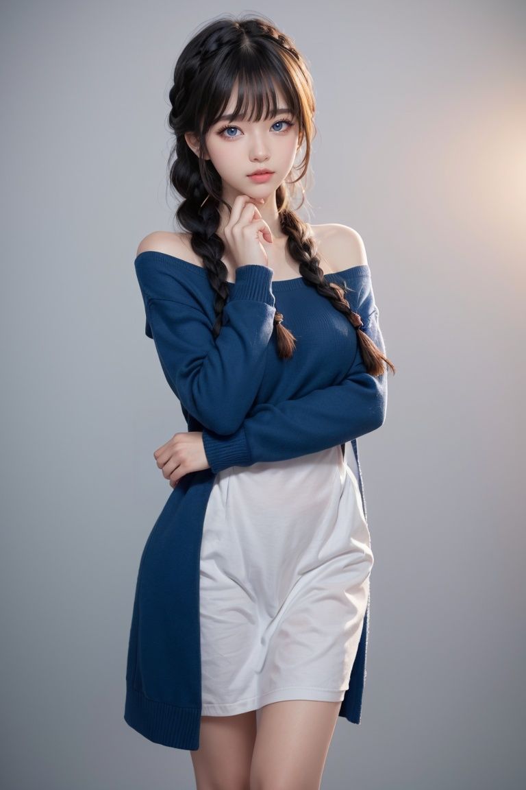 masterpiece,best quality,4k,realistic,1girl,solo,long hair,breasts,looking at viewer,sweater,black hair,(blue eyes:1.3)standing,closed mouth,full body,braid,parted bangs,single braid,hair over shoulder,simple background,