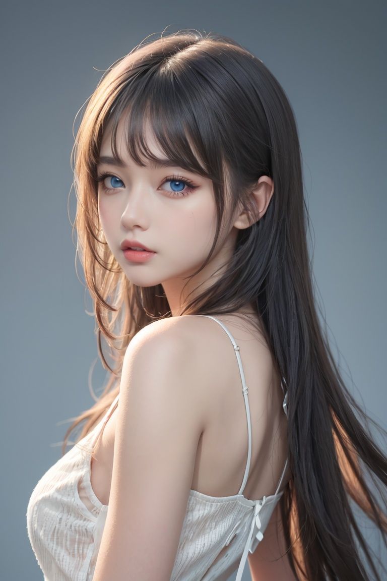 masterpiece,best quality,4k,realistic,1girl,solo,long hair,looking at viewer,bangs,white hair,parted lips,upper body,simple background,dress,from side, (blue eyes:1.2)