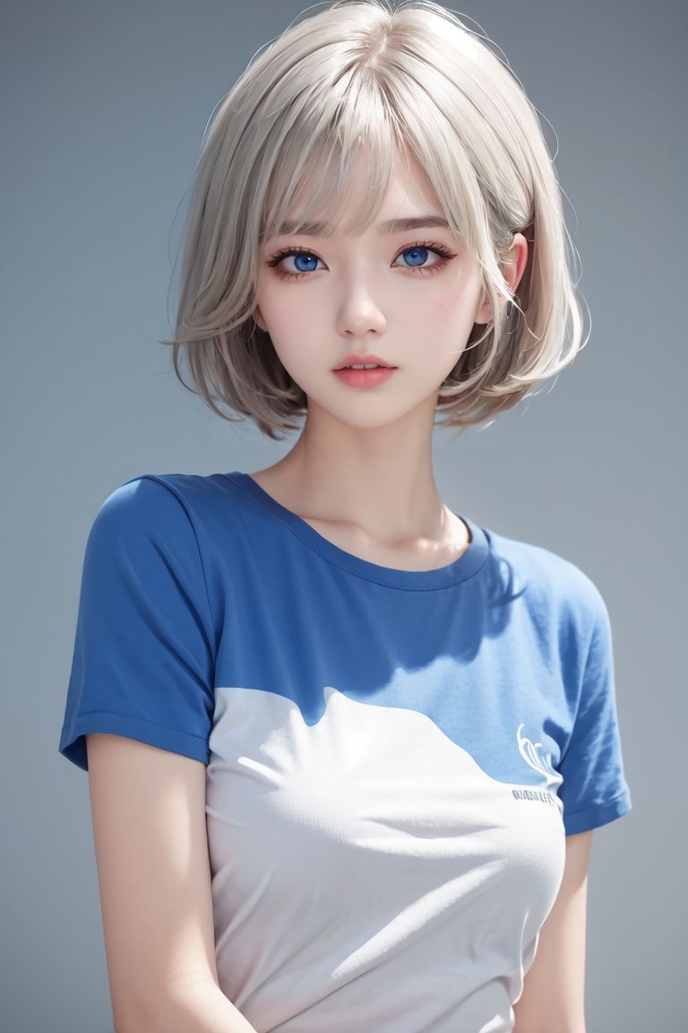 masterpiece,best quality,4k,realistic,1girl,solo,short hair,looking_at_viewer,blue eyes,upper body,simple background,t-shirt,white hair,