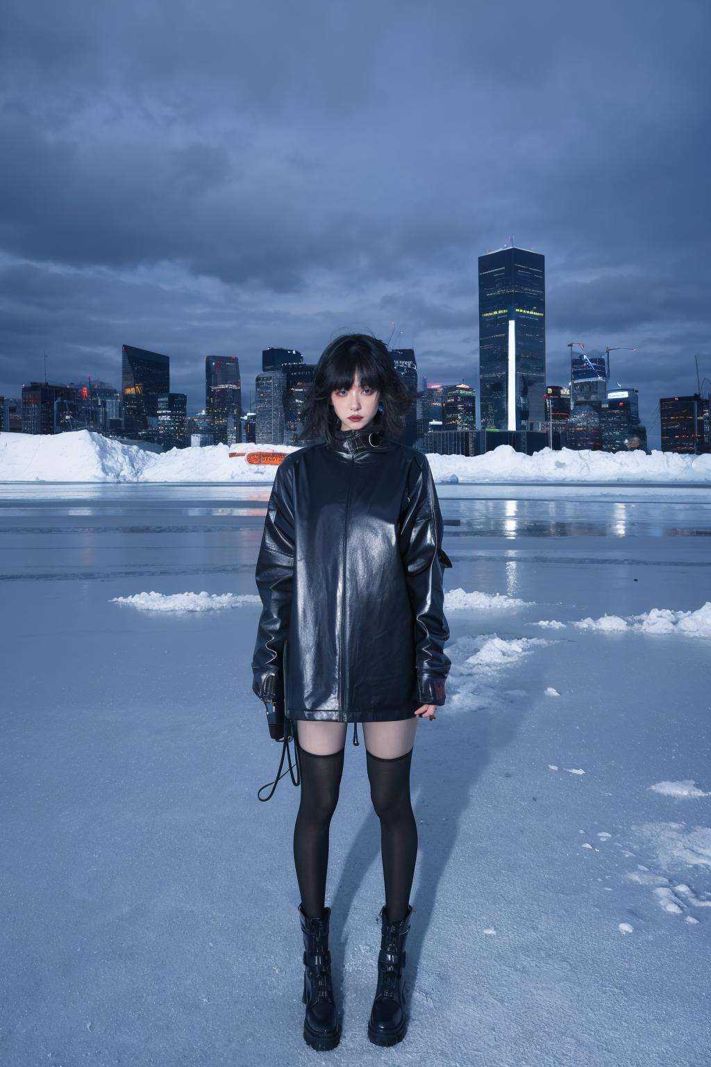 A cyberpunk cityscape serves as the backdrop for a scene where a girl in a black dress is surrounded by an Icelandic ice environment. The ambiance is cold, with muted saturation to create a haunting atmosphere. The predominant blue hue echoes the crisp air and icy landscape. The girl's black dress offers a stark contrast to the almost monochromatic icy setting, bringing a touch of poignancy to the canvas. This setting, with reduced saturation, not only conveys coldness but also a sense of melancholy, emphasizing her isolation in a vast, indifferent environment. The juxtaposition of her vulnerability and the strength of nature is striking. The blue overtone might represent a deep connection to the icy surroundings, suggesting a balance between humanity and nature. The scene is enriched with neon lights, dark alleys, towering skyscrapers, and vibrant colors, all contributing to a futuristic, high-contrast, and highly detailed landscape