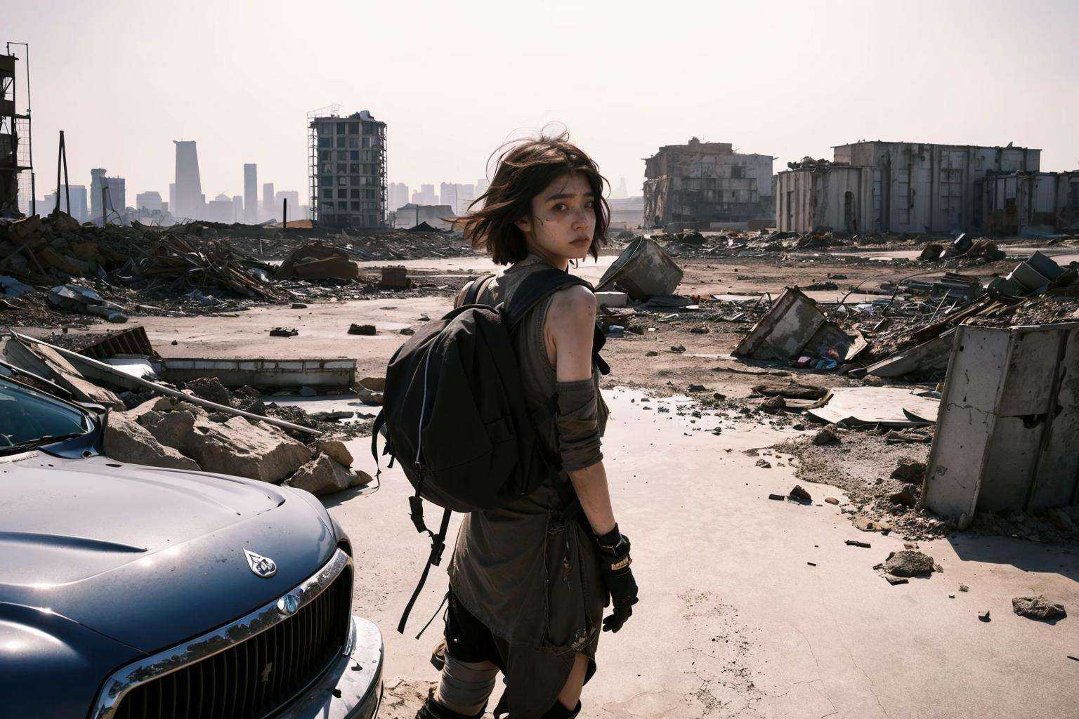 Envision a low-poly game art featuring a solitary girl in a post-apocalyptic setting. She's a survivor,dressed in makeshift armor crafted from remnants of the old world. The background is a desolate urban landscape,with crumbling buildings and abandoned vehicles. The scene is tinged with hues of orange and red,reflecting the harshness of the environment. She carries a backpack full of scavenged supplies,her expression one of resilience and hope amidst the ruins,(film grain:1.2),