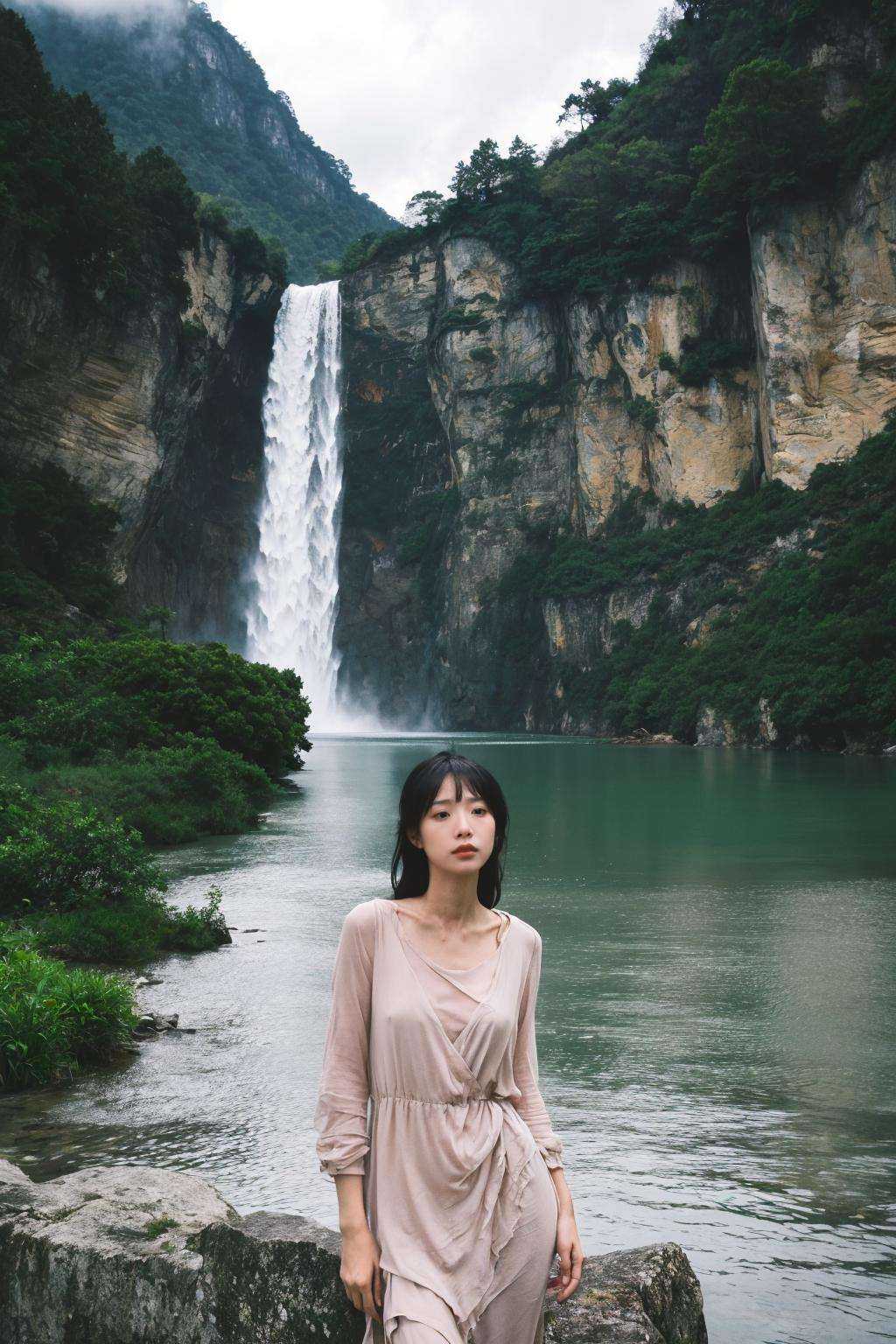 Beneath a towering cliff,a woman stands with a cascading waterfall behind her. The weather is overcast,casting the scene in a palette of cool,subdued colors. The water's roar contrasts with the gentle,soft composition of the scene,creating a sense of harmony between nature's power and tranquility. The woman's presence adds a contemplative,serene quality to the landscape,as she gazes into the distance under the cloudy sky.,