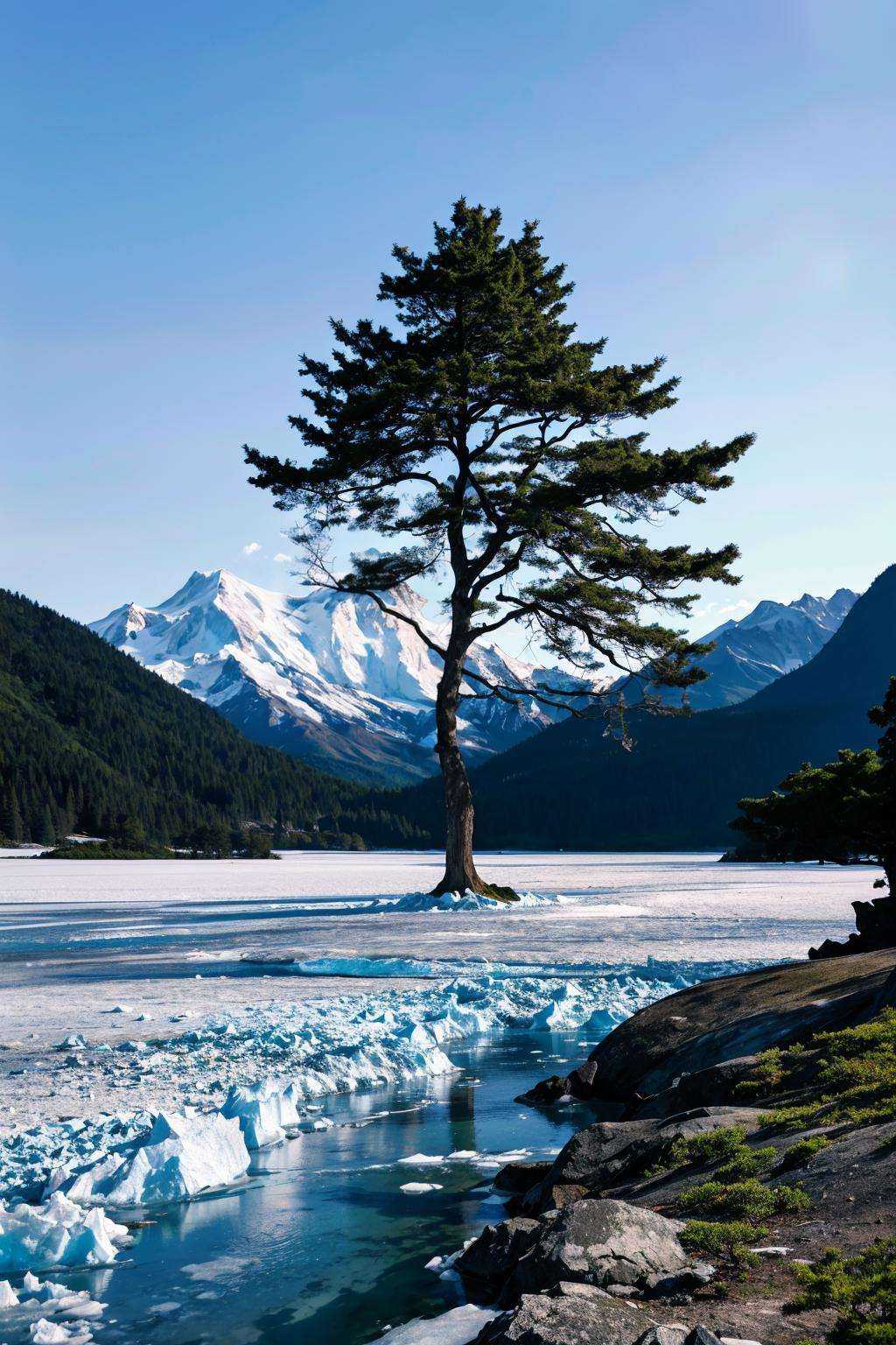 a big tree,growing on glaciers,the green branches and leaves contrast sharply with the surrounding scenery,photos recorded by fuji camera,trees in a scene covered by glaciers,blue glacier,(a big tree on the ice:1.1),an incredible existence,fantasy,