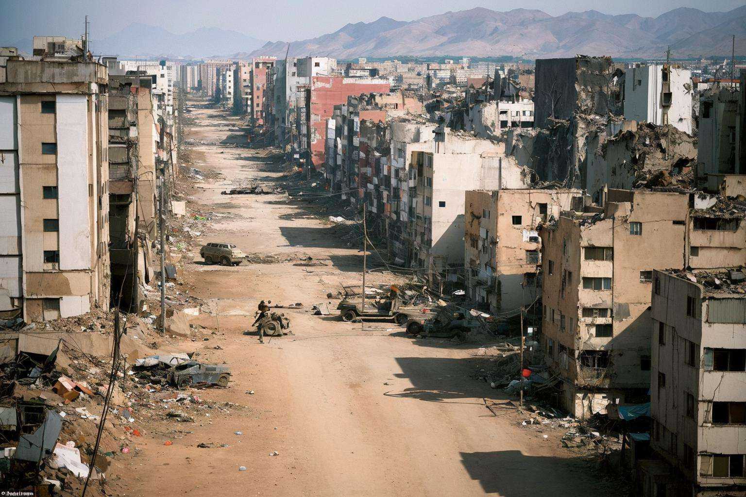 The camera from above captures a vivid juxtaposition: a war-torn battlefield,alive with conflict and devastation,lies on one side,while a peaceful,wealthy neighborhood rests on the other. The dividing line between them is distinct,creating a powerful visual metaphor for the divide between war and peace,poverty and prosperity ,<lora:彩:0.5>,