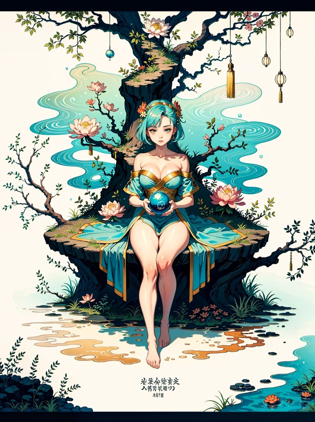 (Lotus Pond,  Golden Fairy Dress,  Close Up on Tensor.Art