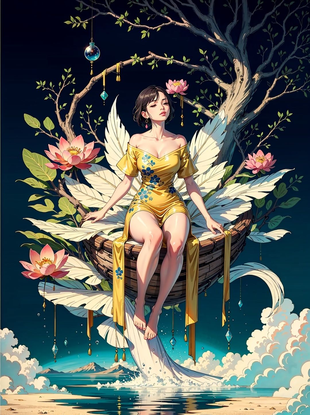 (Lotus Pond, Golden Fairy Dress, Close Up, Jade Ruyi Transparent Dress, Tianchi, Colorful Cloud Sea, Facing Me, Looking Up, Renaissance, Barefoot, 5 Toes, Long Legs, Liquid Tree, Liquid Mountain, Gaseous Sky, High Definition)), (((Super Detailed, Extreme Detail))), Ultra Fine Painting, Master Made, Full Body Photo, High Quality, 8k, Light Rainbow Shining Hair, Short Hair, Perfect eye makeup, chubby lips, collarbone, (huge crystals, soap bubbles, Dingdall effect, coral, coral, plush decoration), A ink painting of a tranquil orchard with Chinese writing on it and a pair of birds building their nest, with a fruit-laden branch in the foreground, An Zhengwen, organic painting, a minimalist painting, art & language, ink and wash,