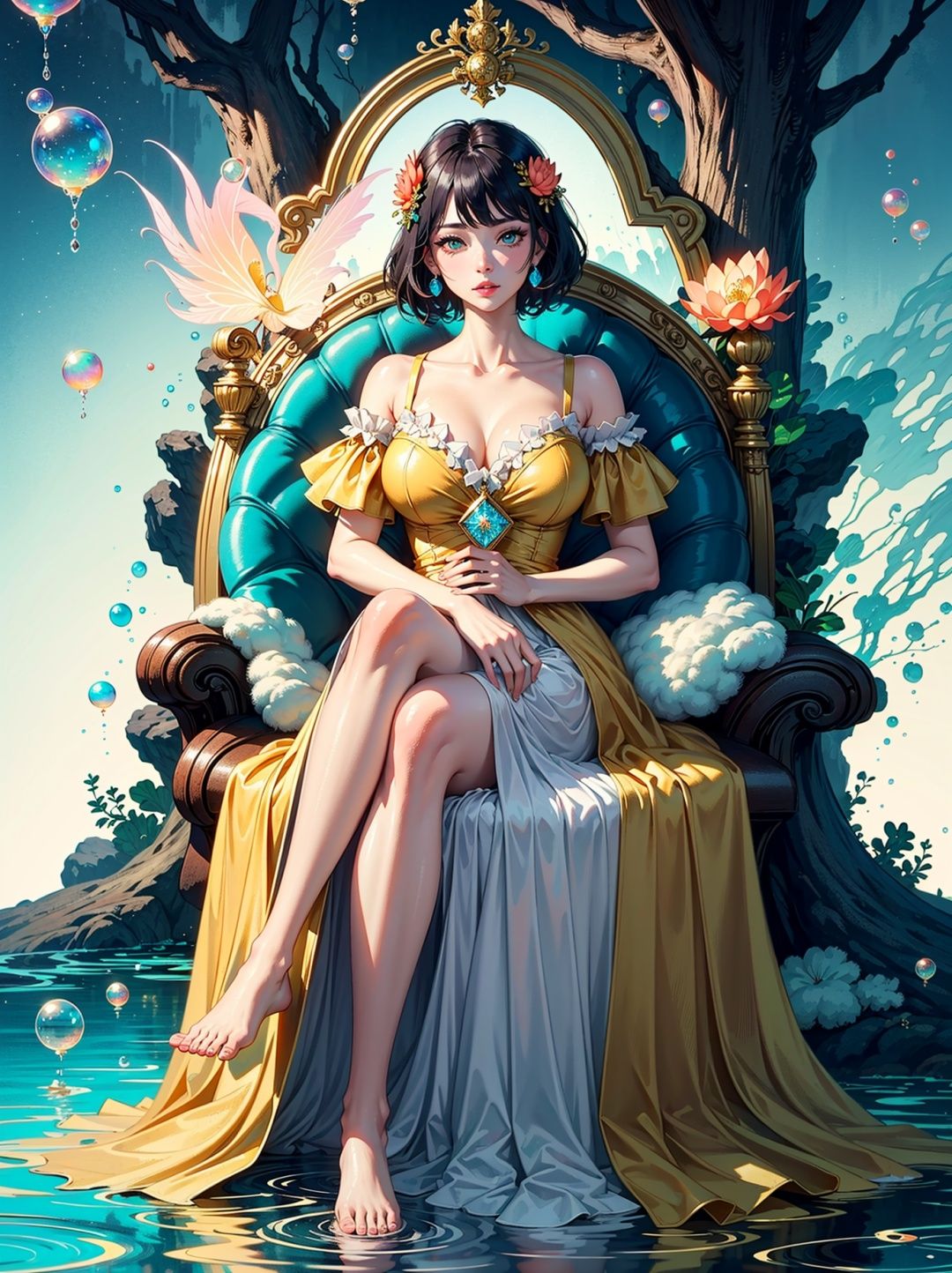 (Lotus Pond, Golden Fairy Dress, Close Up, Jade Ruyi Transparent Dress, Tianchi, Colorful Cloud Sea, Facing Me, Looking Up, Renaissance, Barefoot, 5 Toes, Long Legs, Liquid Tree, Liquid Mountain, Gaseous Sky, High Definition)), (((Super Detailed, Extreme Detail))), Ultra Fine Painting, Master Made, Full Body Photo, High Quality, 8k, Light Rainbow Shining Hair, Short Hair, Perfect eye makeup, chubby lips, collarbone, (huge crystals, soap bubbles, Dingdall effect, coral, coral, plush decoration)