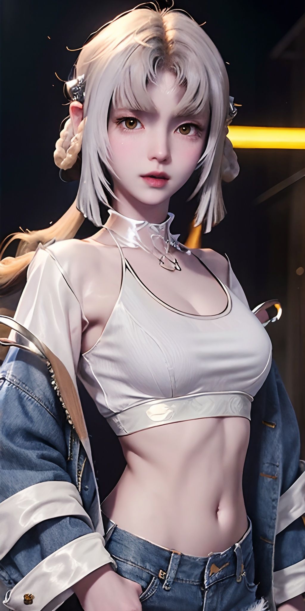 super fine illustration, vibrant colors,  masterpiece,  sharp focus,  best quality,  depth of field,  cinematic lighting, ultra detailed, 1girl, solo, denim jacket, white shirt, crop top, midriff, denim shorts, large breasts, long hair, silver hair, red eyes, blush, street, 龙雅婷,<lora:EMS-91047-EMS:0.800000>