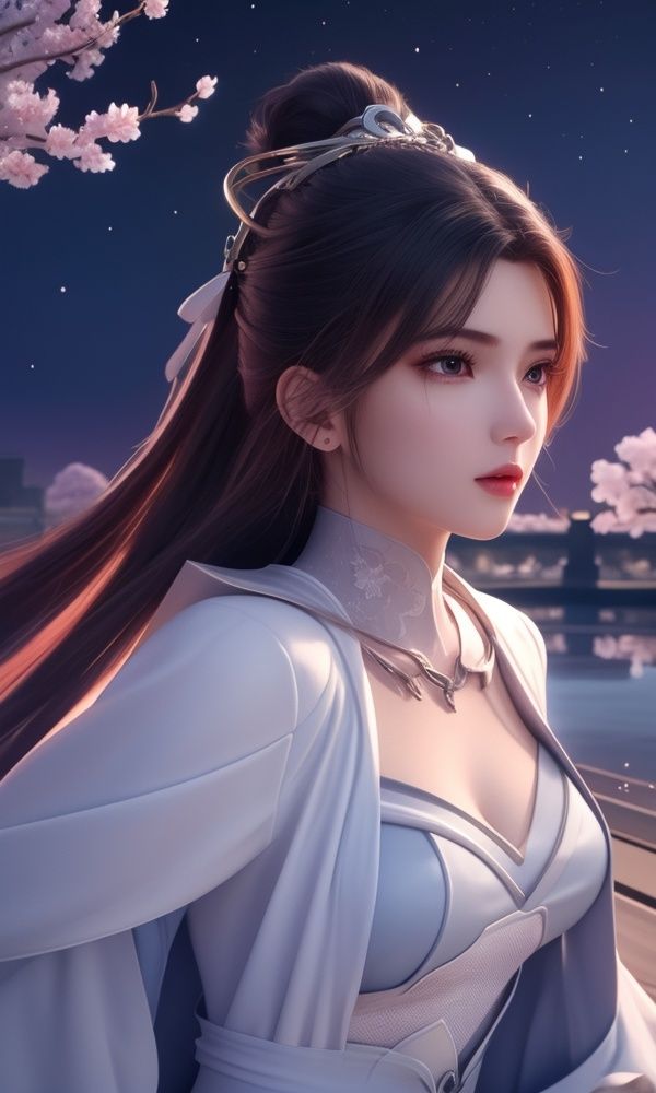 (,1girl, ,best quality, )<lora:337-DA-仙武传-姬凝霜:0.6>,, ,masterpiece,(( , )),, realistic,science fiction,mole,,ultra realistic 8k cg, flawless,tamari \(flawless\),  ,cherry blossoms,,night, night sky, crescent moon, moonlight,,(facing viewer, looking at viewer, , ),  (()), (),