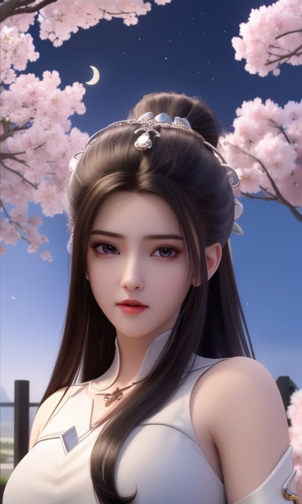 (,1girl, ,best quality, )<lora:337-DA-仙武传-姬凝霜:0.6>,, ,masterpiece,(( , )),, realistic,science fiction,mole,,ultra realistic 8k cg, flawless,tamari \(flawless\),  ,cherry blossoms,,night, night sky, crescent moon, moonlight,,(facing viewer, looking at viewer, , ),  (()), (),